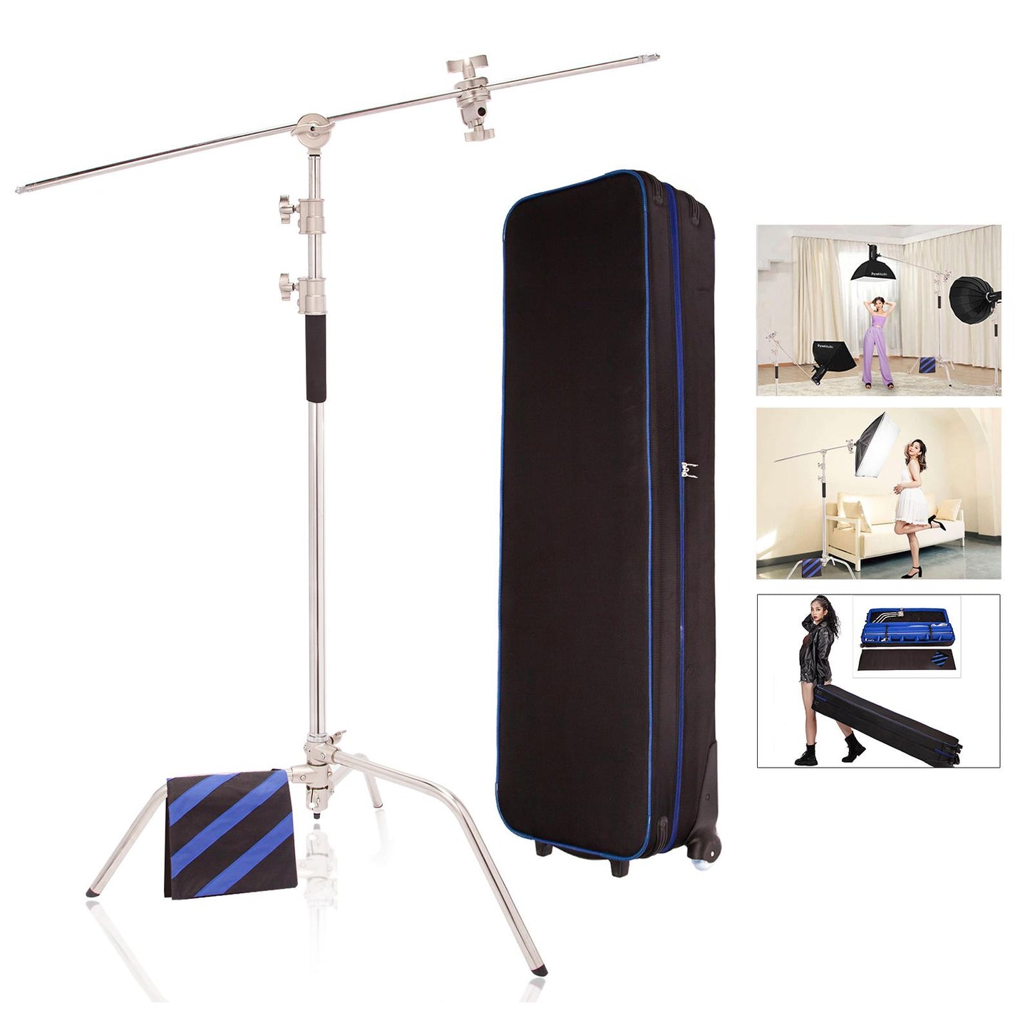 10ft Heavy Duty C Stand Light Stand with 50 inches Extension Boom Arm, 2x Grip Heads, Sandbag and Wheeled Carry Case, Adjustable for Photography Studio Video Reflector, Softbox, Flash, etc, 1 Set