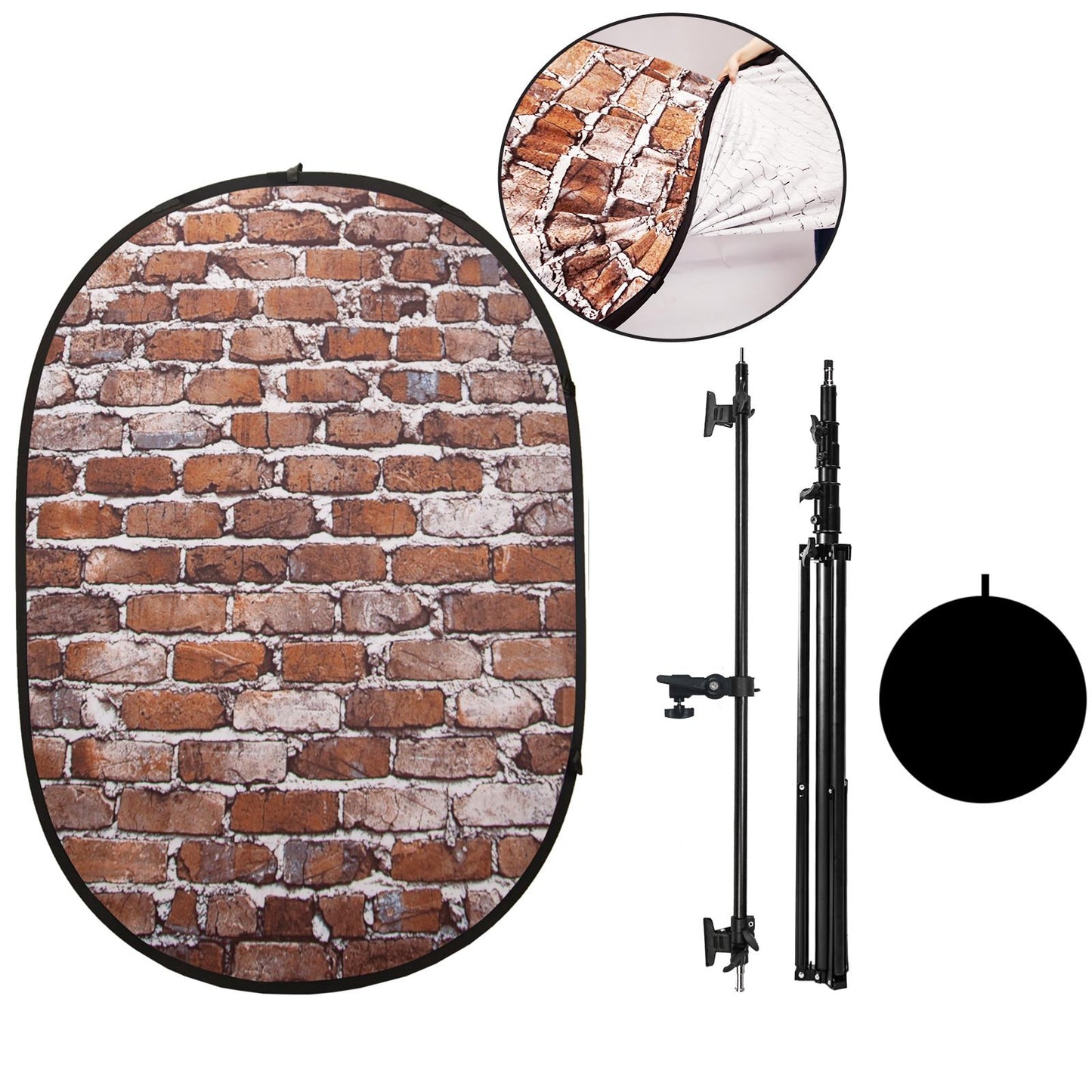 Pop-up Backdrop, 1.5m x 2m, Double Sided - Classic Brick/Whitewashed Brick, with Heavy Duty Stand and Boom Arm