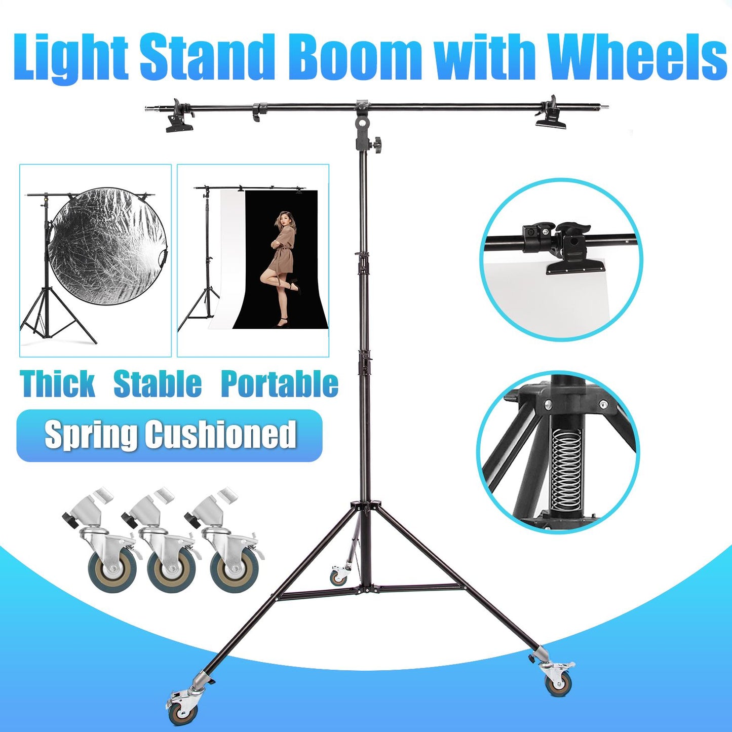 Photo Studio Telescopic Backdrop Support System, 290CM 9.5ft Heavy Duty Spring Cushioned Light Stand Wheeled, 6ft Boom Arm Clamp for Reflector PVC Background Backdrop Paper Backdrop Video Photography