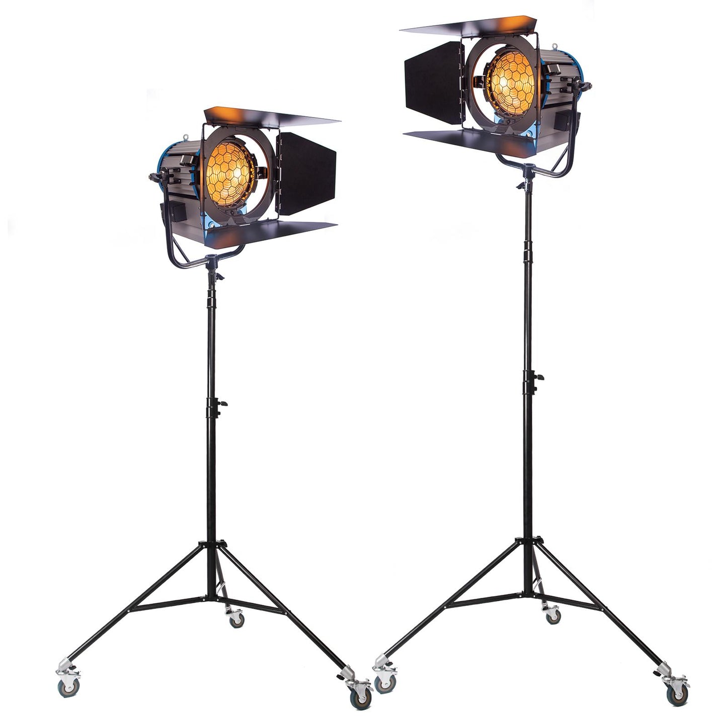 2x 2000W Studio Fresnel Spotlights with Bulbs and 2 x Spring Cushioned 3m Stands with Wheels