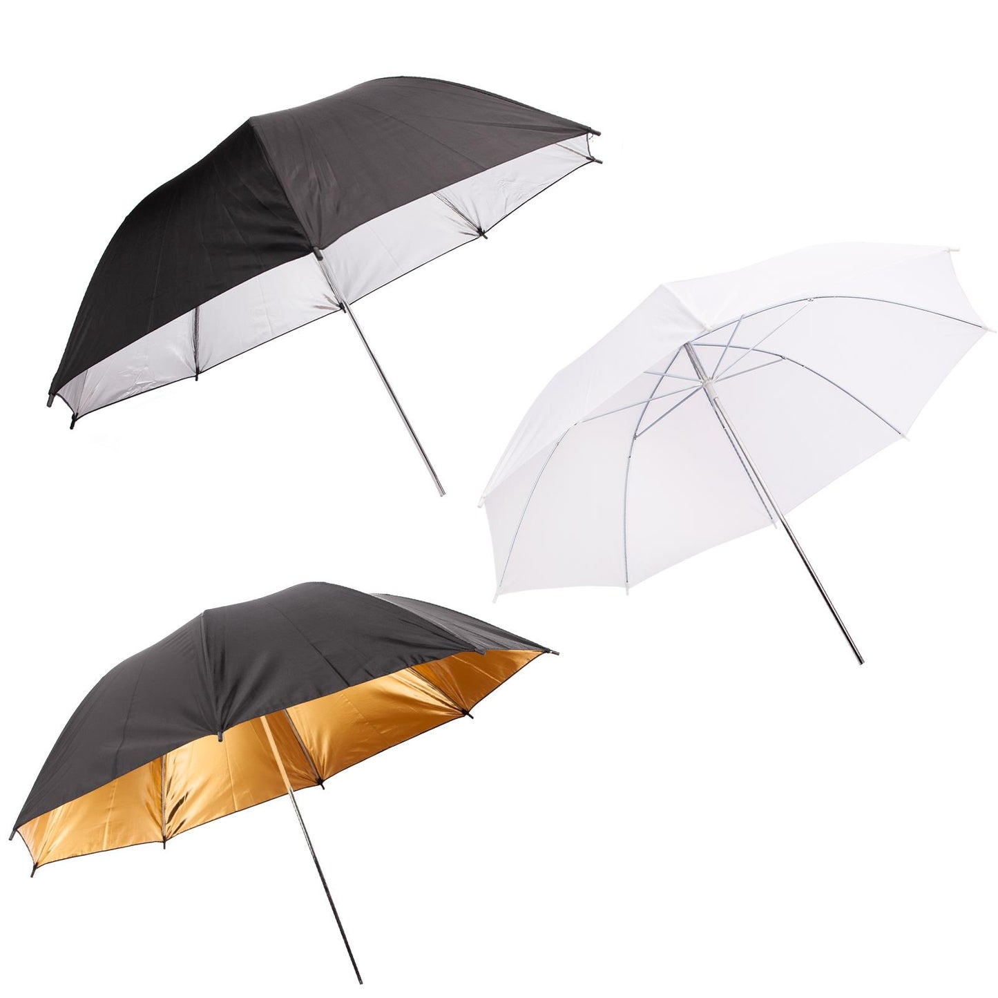 3 x 33" (84cm) Professional Umbrellas, 1x Diffuser, 1x Silver Reflector, 1x Gold Reflector