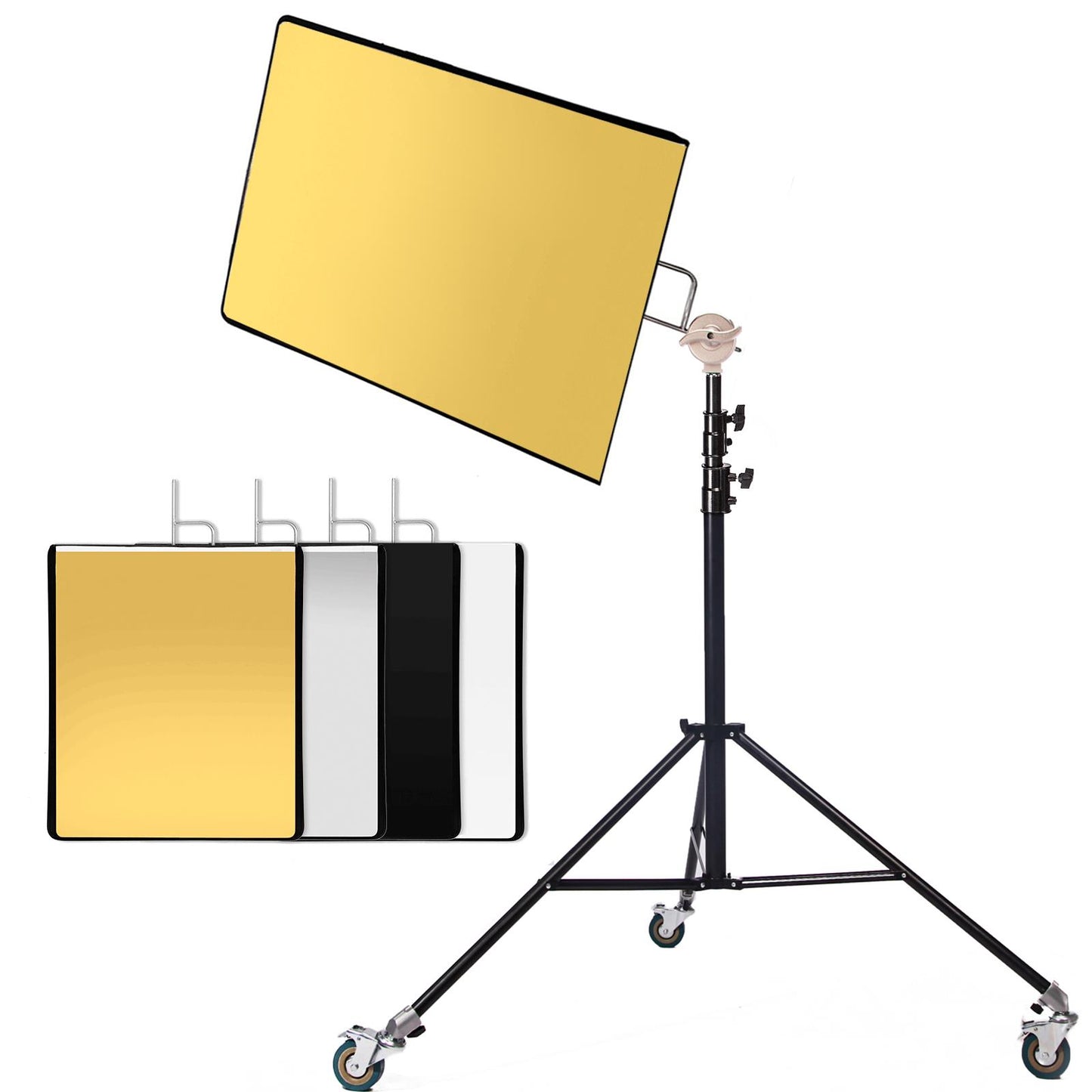 Photography Lighting Reflector Stand Kit: 4 in 1 Light Reflector 60x75cm, 290cm Heavy Duty Light Stand Wheeled and Grip Head for Photo Studio, Portable Reflector Kit - Black, White, Gold, Silver
