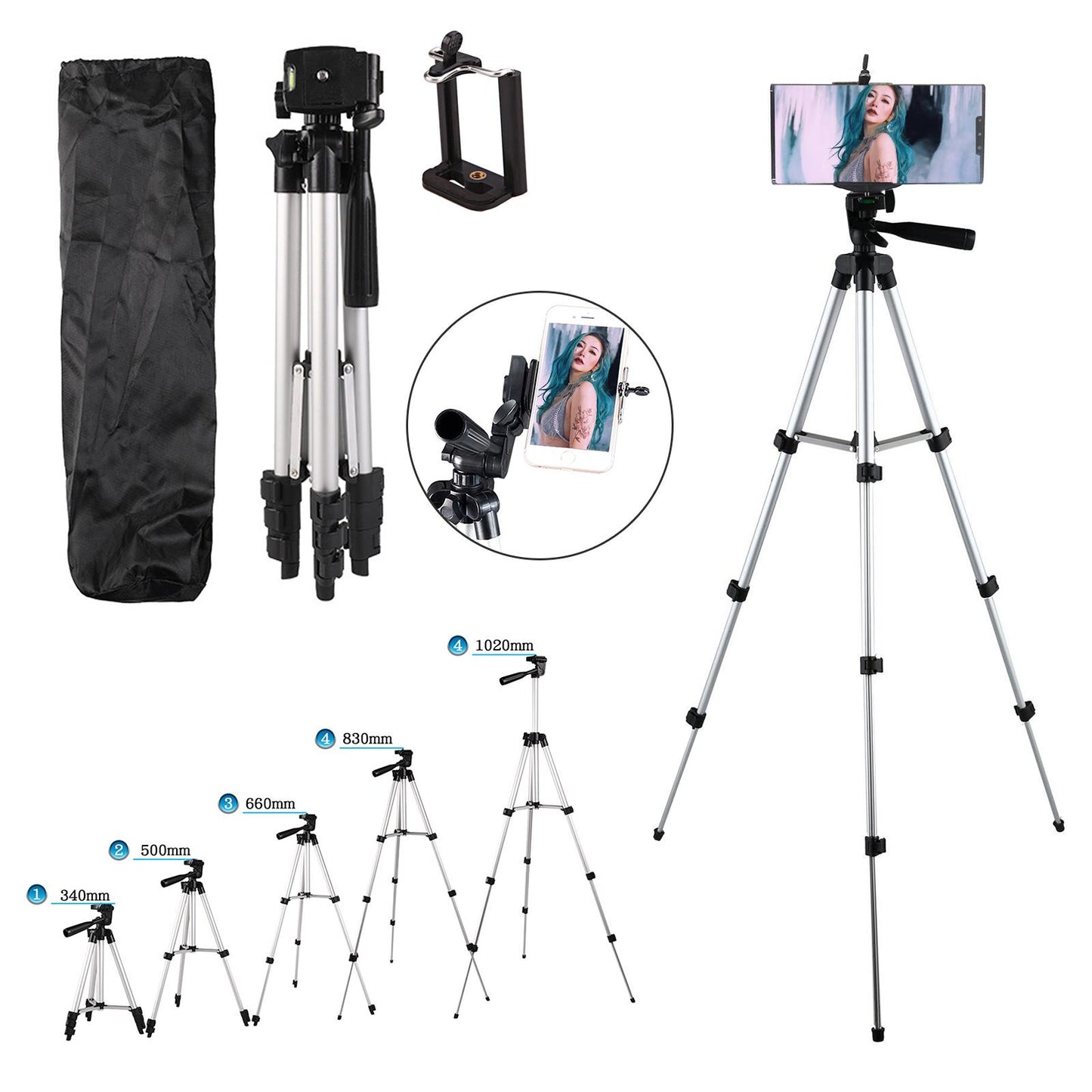 Portable Phone Tripod, 40" Lightweight Aluminum Phone Tripod Stand with Universal Smartphone Tripod Holder Mount and Carrying Bag, Travel Tripod for Filming Product Photography Portrait Shooting