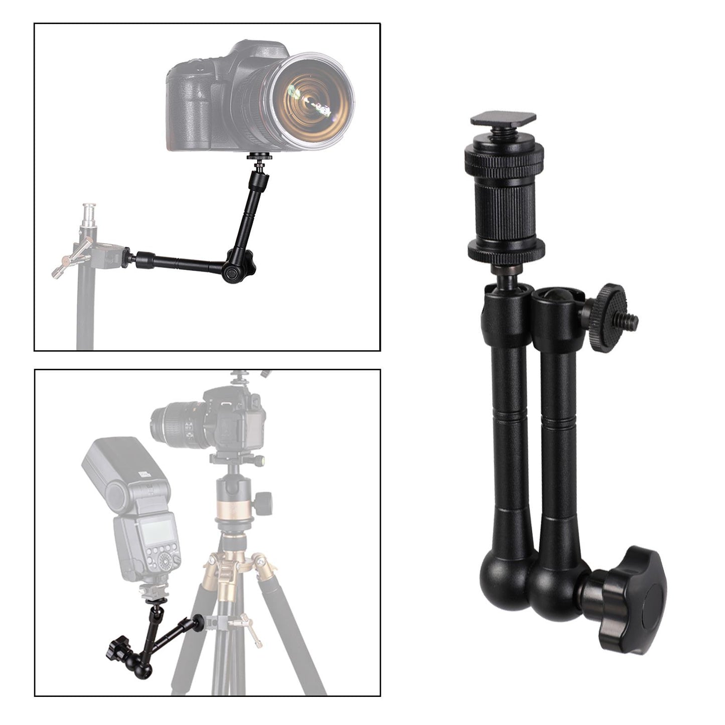 11" Friction Articulating Magic Arm, Adjustable Hot Shoe Mount, 1/4" Tripod Screw Adapter for DSLR Camera Rig, LCD Monitor, LED Light, Flash Light, Microphone, DJI Osmo