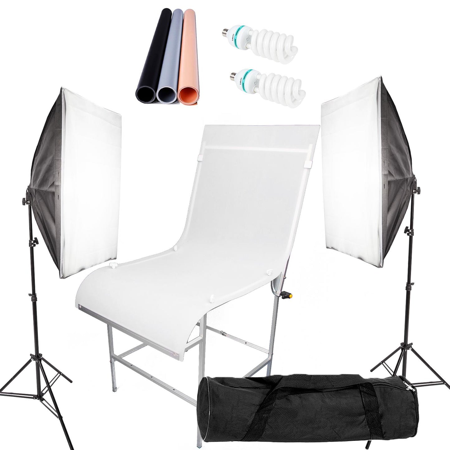 60x130cm Product Shooting Table with 4 Coloured Backdrops, 2 Light Stands, 2 E27 Light Holder Softboxes, with 135W Spiral Fluorescent Daylight Bulbs