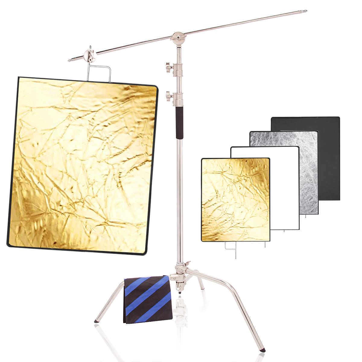 Photo Studio Heavy Duty Stainless Steel C-Stand 300cm Spring Cushioned Tripod Stand with 75x90cm 4-in-1 Panel Reflector and Wheels, for Video Filming Dslr Camera Youtube Video Advert Flash Strobe