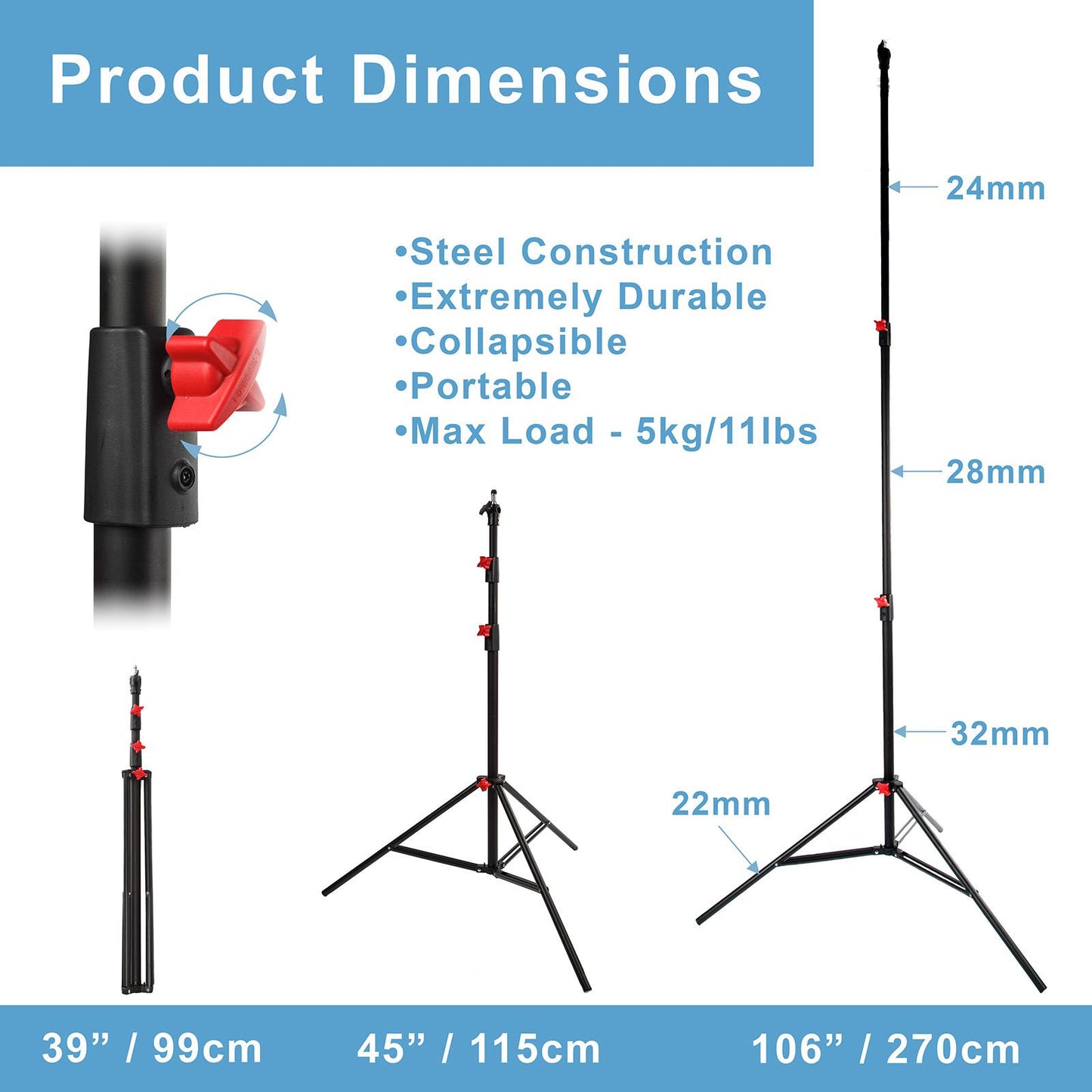 BOLLUMA 270cm Air-Cushioned Photography Light Stand | Brushed Aluminum Tripod with 1/4" to 3/8" Reversible Spigot, 5kg Load Capacity