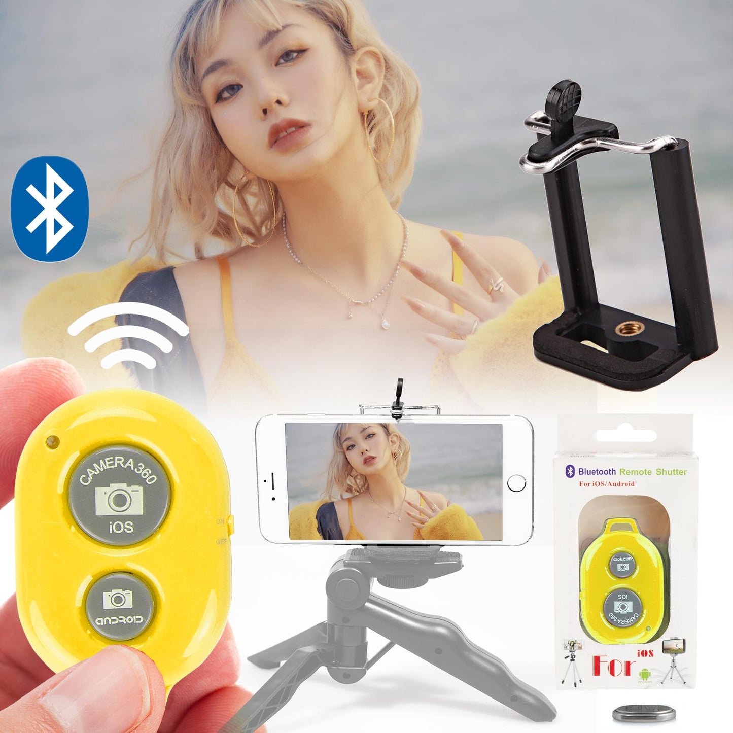 YELLOW Wireless Remote Shutter with Cell Phone Tripod Mount Adapter, Remote Shutter Control Camera Activation used with Monopod Selfie Stick Compatible with iPhone, Samsung, IOS, Android Phone