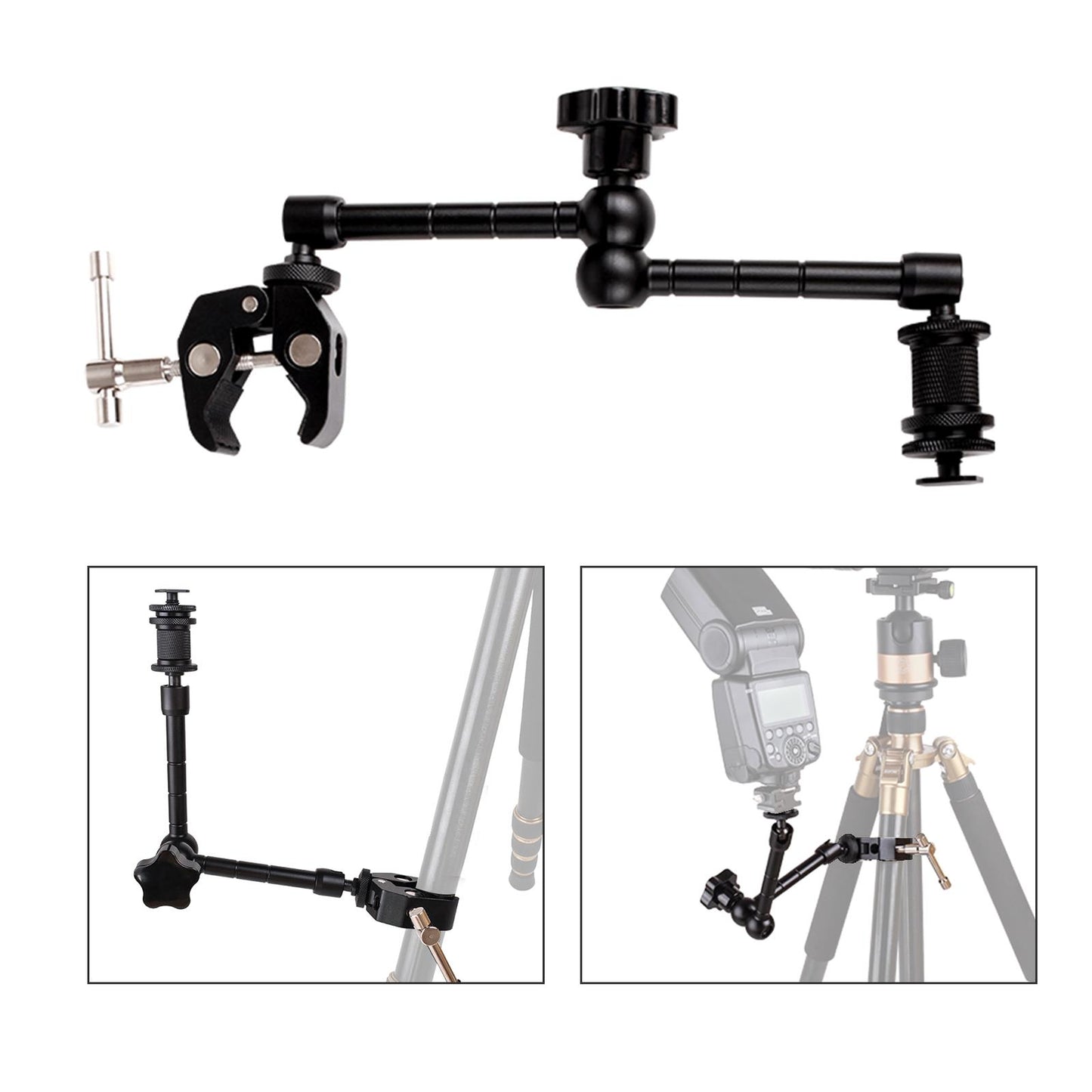 Articulating Friction Arm 11" with Large Super Crab Clamp and Hot Shoe Mount 1/4" Magic DSLR Tripod Arms Kit for Photography, Video, Camera Rig, LED Light, Flash Light, LCD Monitor