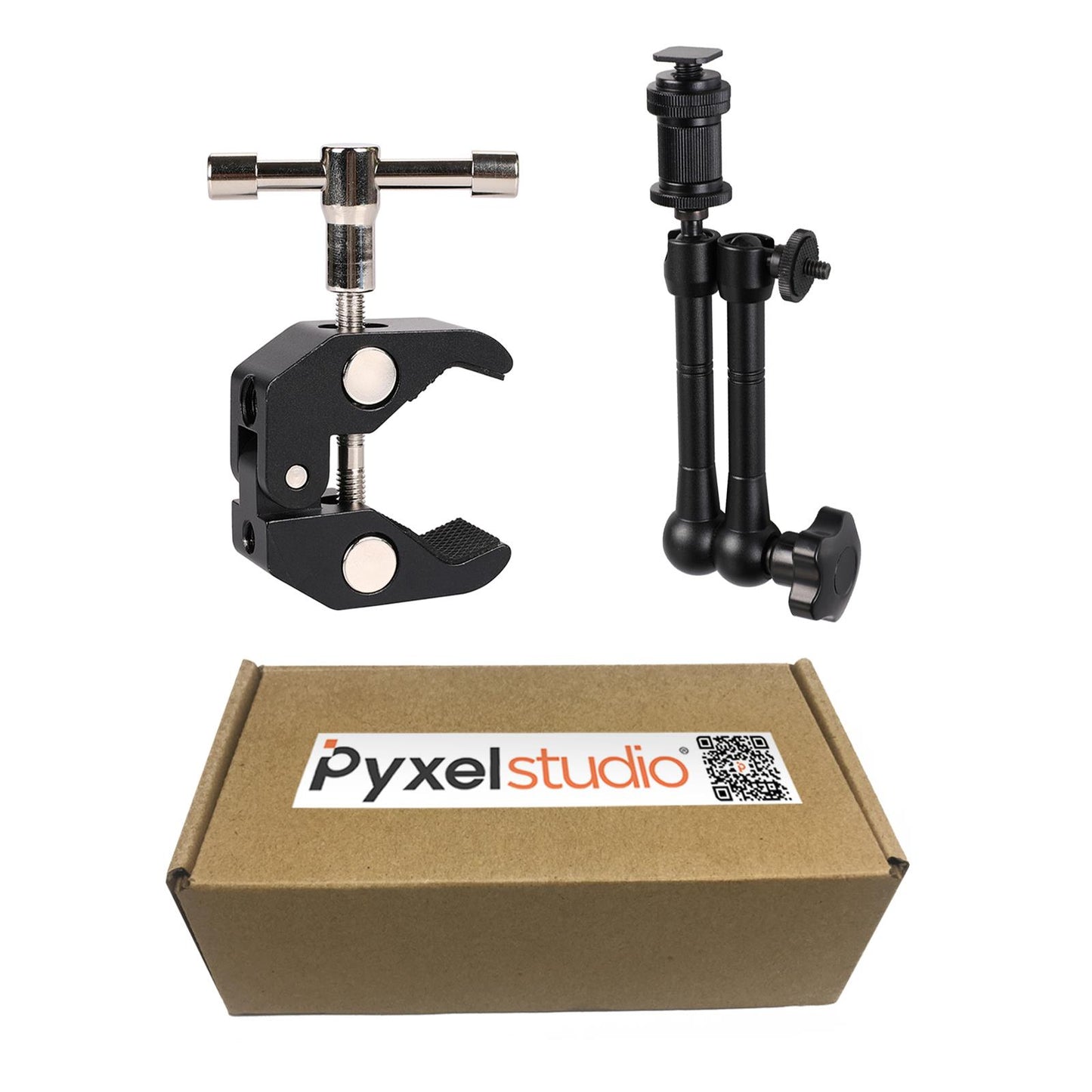 Articulating Friction Arm 11" with Large Super Crab Clamp and Hot Shoe Mount 1/4" Magic DSLR Tripod Arms Kit for Photography, Video, Camera Rig, LED Light, Flash Light, LCD Monitor