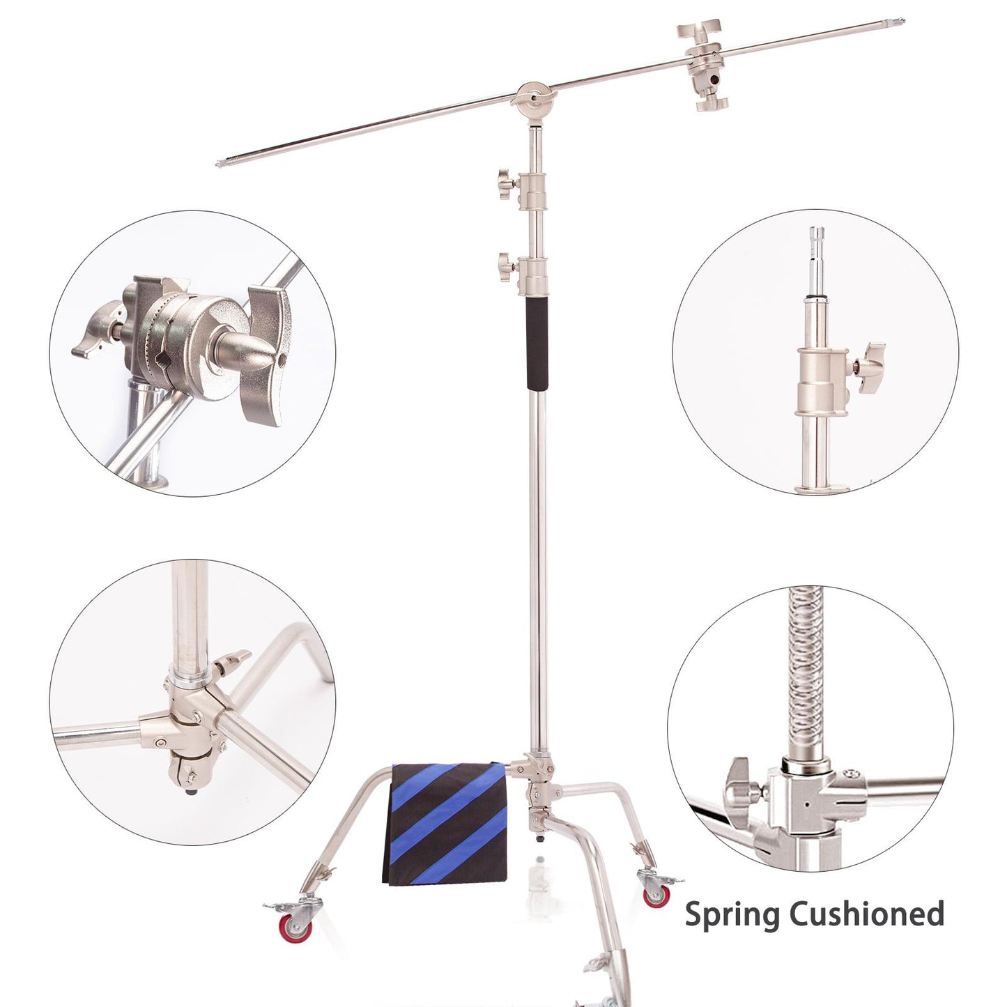 Photo Studio C Stand Kit with Reflector, 300cm Spring Cushioned Lighting Stand with 60x75cm 4-in-1 Photography Light Reflector and Caster Wheels, for Fashion Portrait Still Life Shot YouTube Film