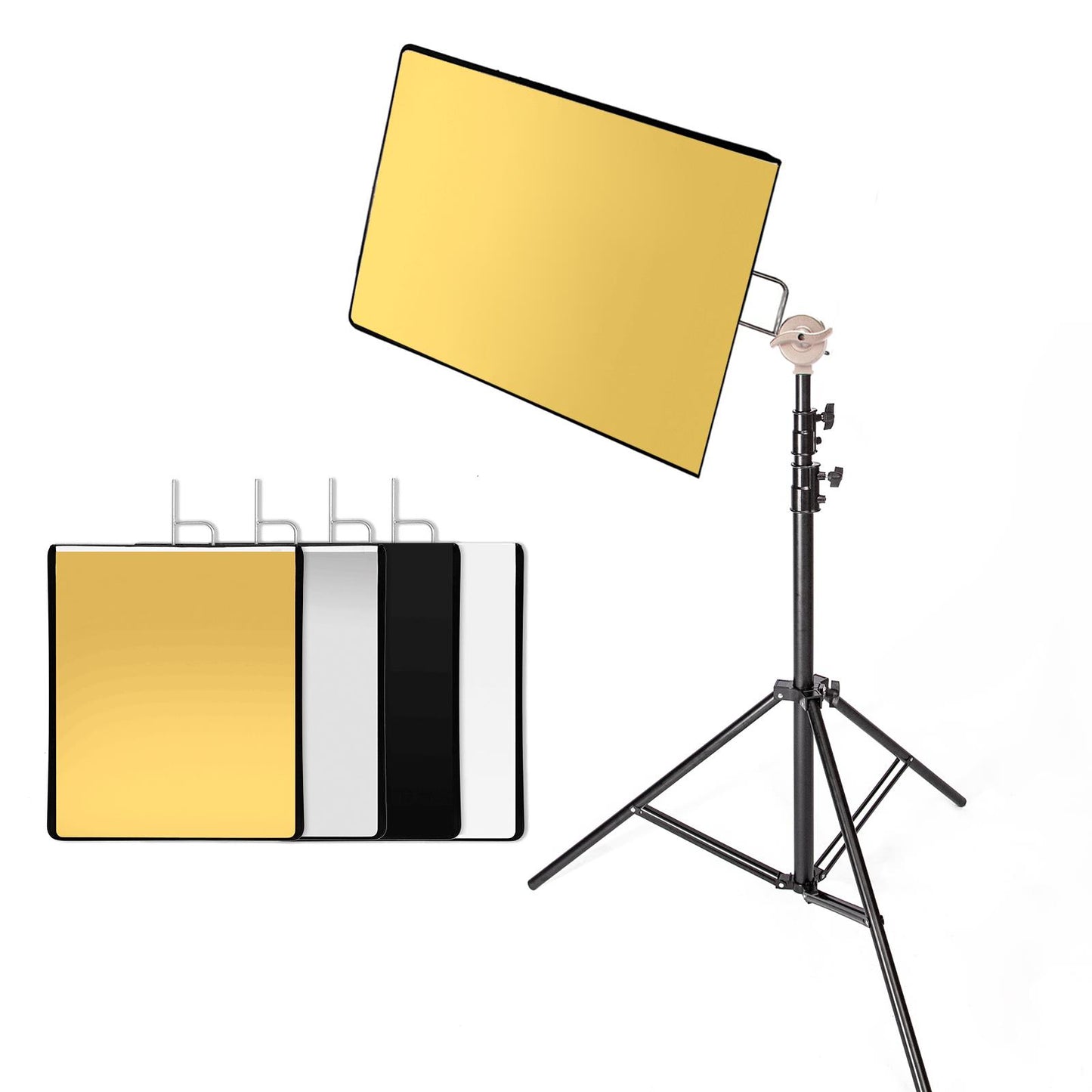 Light Reflector Stand Kit: 60x75cm 4 in 1 Flag Panel Reflector Portable, 290cm Light Stand and Grip Head for Photography Photo Studio, Collapsible Reflector Lighting - White, Black, Gold, Silver