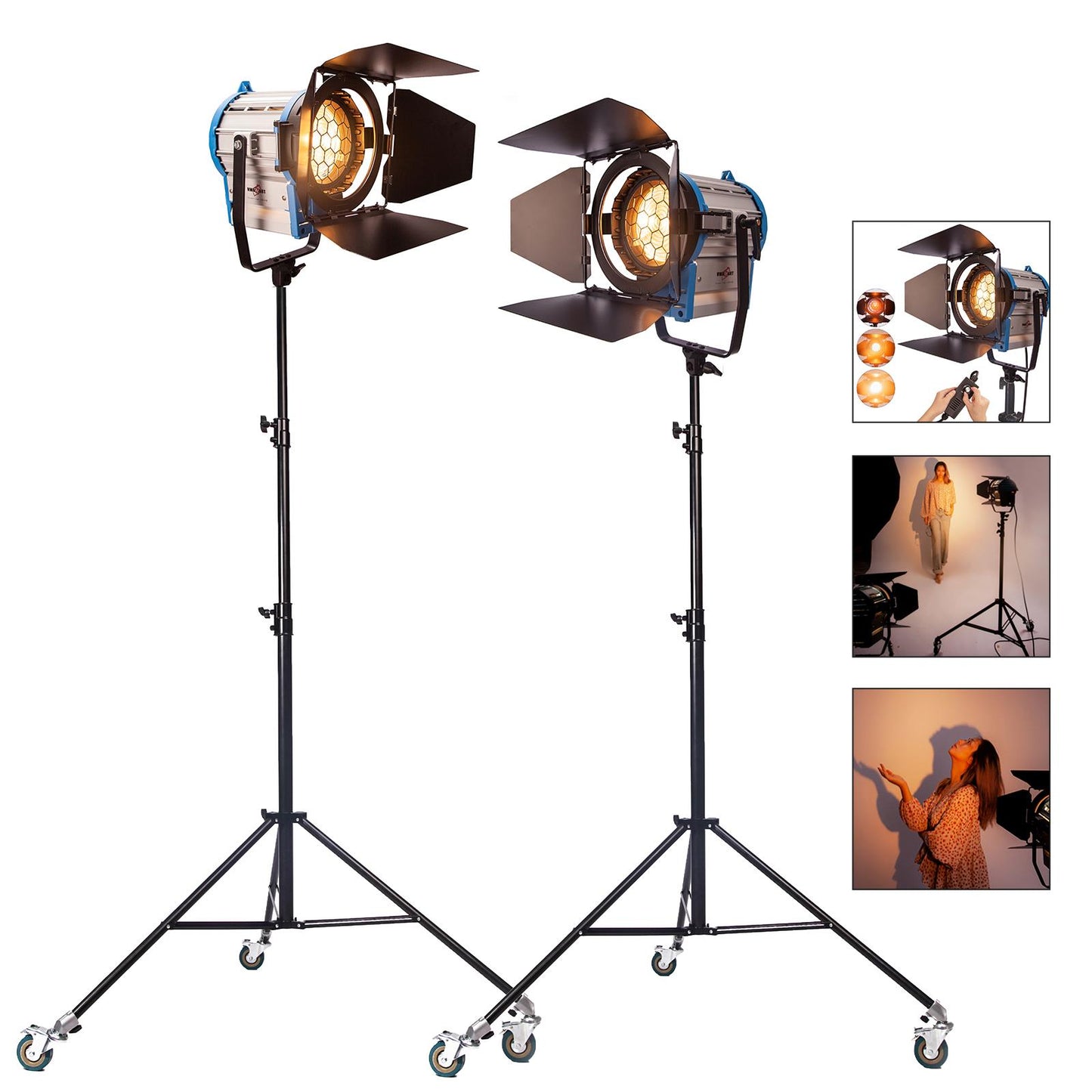 1000W Fresnel Tungsten Spotlights x2 & Spring Cushioned Stands, Wheels