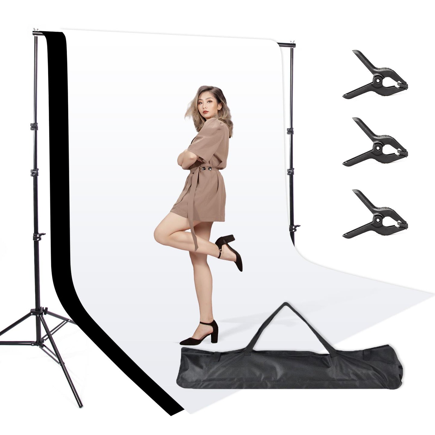 10x9ft Background Stand Kit with 6ftx9ft Muslin White, Black Backdrop