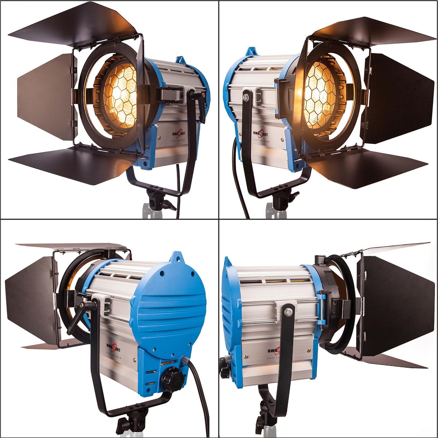 1000W Fresnel Tungsten Spotlights x2 & Spring Cushioned Stands, Wheels