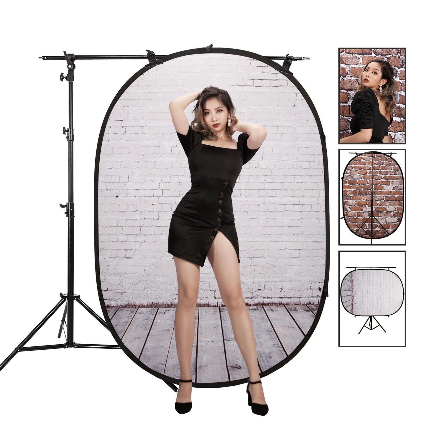 Pop-up Backdrop, 1.5m x 2m, Double Sided - Classic Brick/Whitewashed Brick, with Heavy Duty Stand and Boom Arm