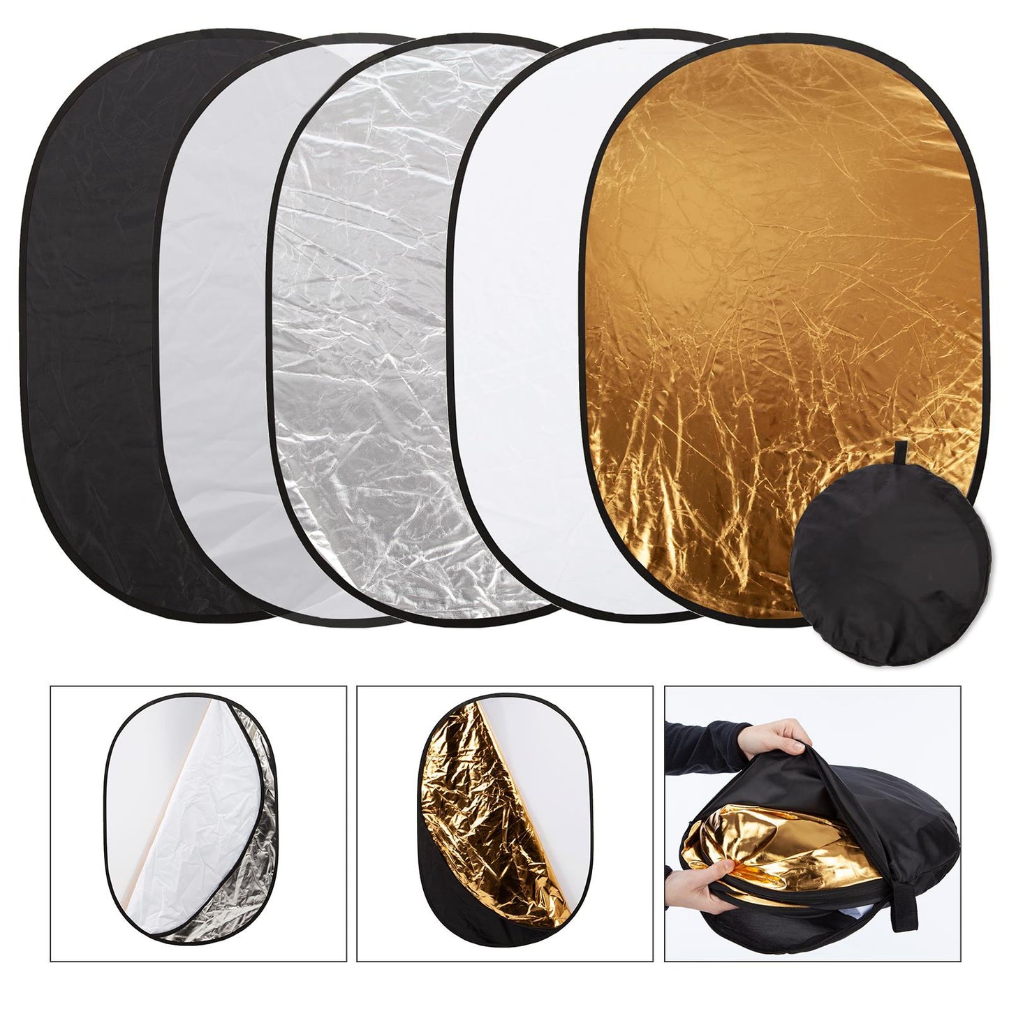 BOLLUMA 24"x35" Photography Light Reflector 5-in-1 Collapsible Multi Disc Lighting Reflectors with Bag, Translucent, Silver, Gold, White, and Black