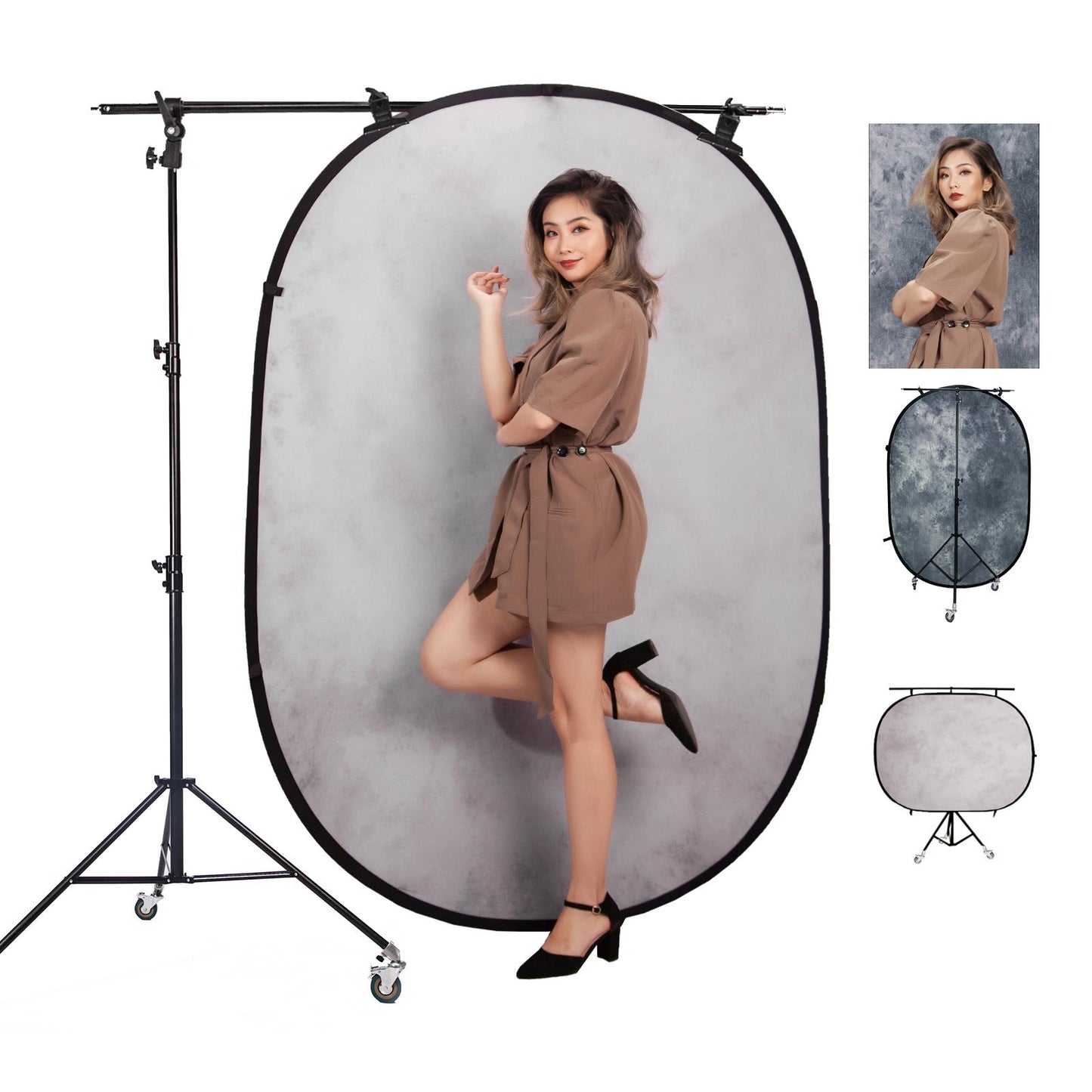 Pop-up Backdrop, 1.5m x 2m, Double Sided - Mottled Light Pink/Dim Grey, with Heavy Duty Stand, Boom Arm and Wheels