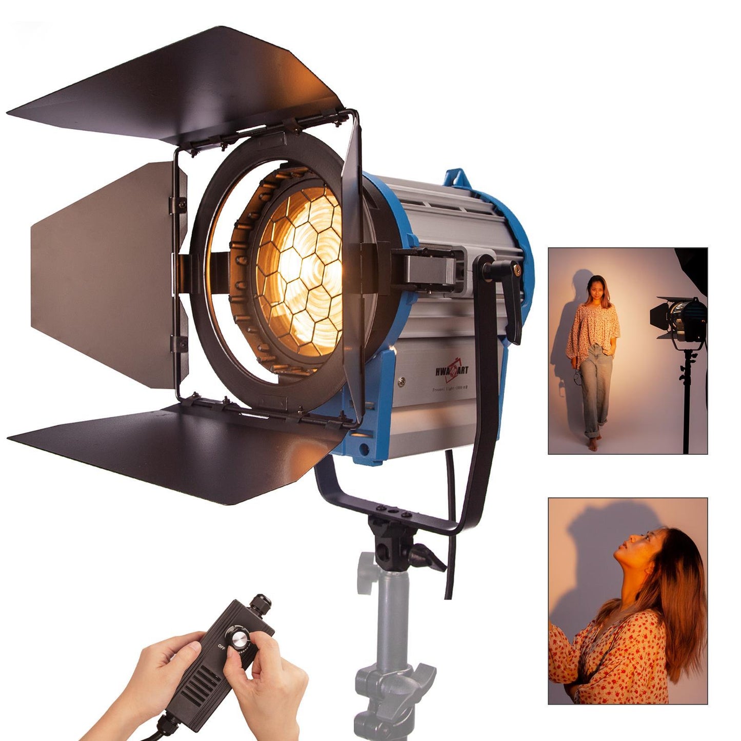 1000W Fresnel Tungsten Spotlights x2 & Spring Cushioned Stands, Wheels
