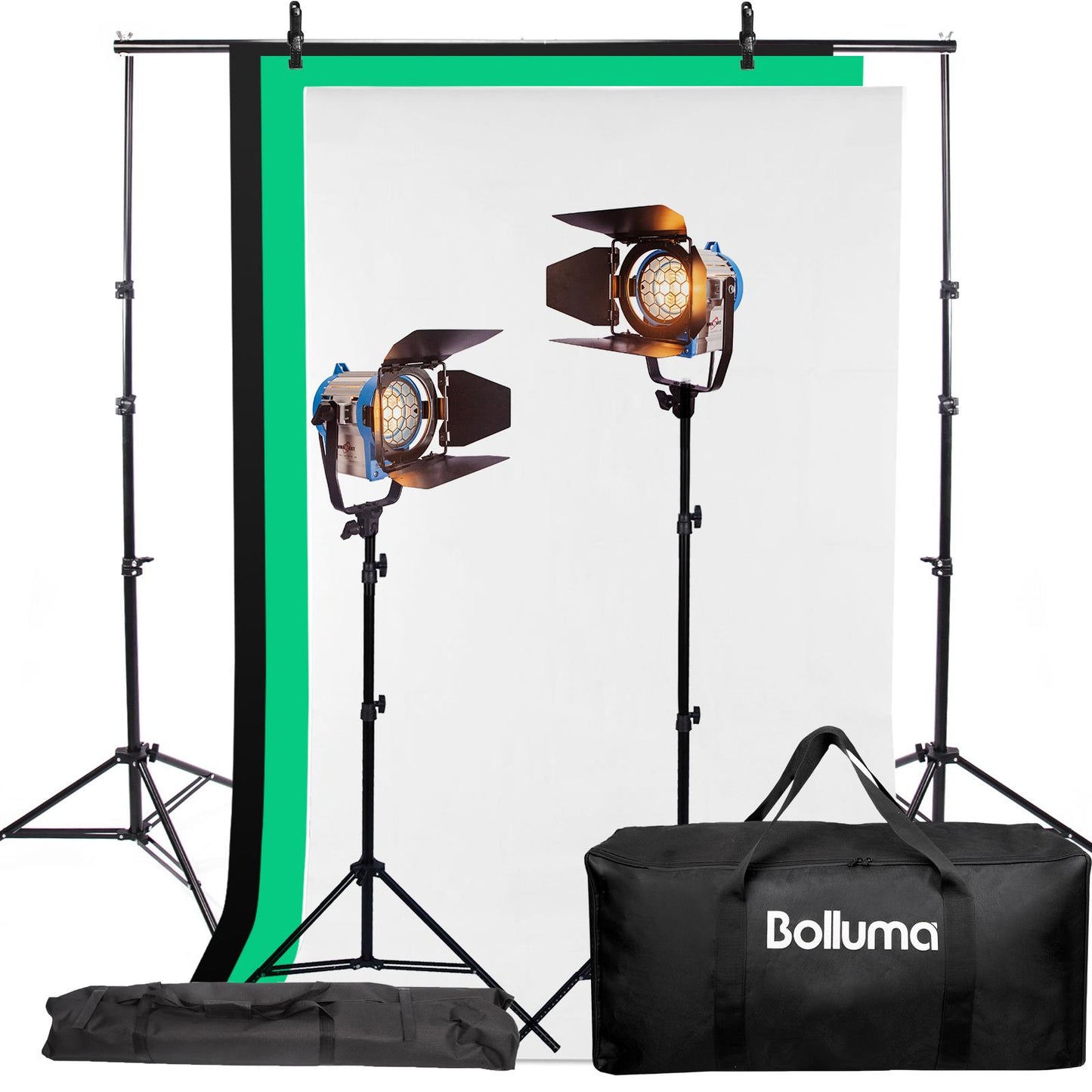 2x Photo Studio 300W Fresnel Film Spotlight Kit with Background Support System and Carry Bag, Backdrop Stand Kit with 3x3m White, Balck, Green Backdrop, All in 1 Photography Kit for Portrait Shooting