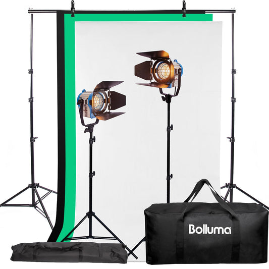 2x Photo Studio 300W Fresnel Film Spotlight Kit with Background Support System and Carry Bag, Backdrop Stand Kit with 3x3m White, Balck, Green Backdrop, All in 1 Photography Kit for Portrait Shooting