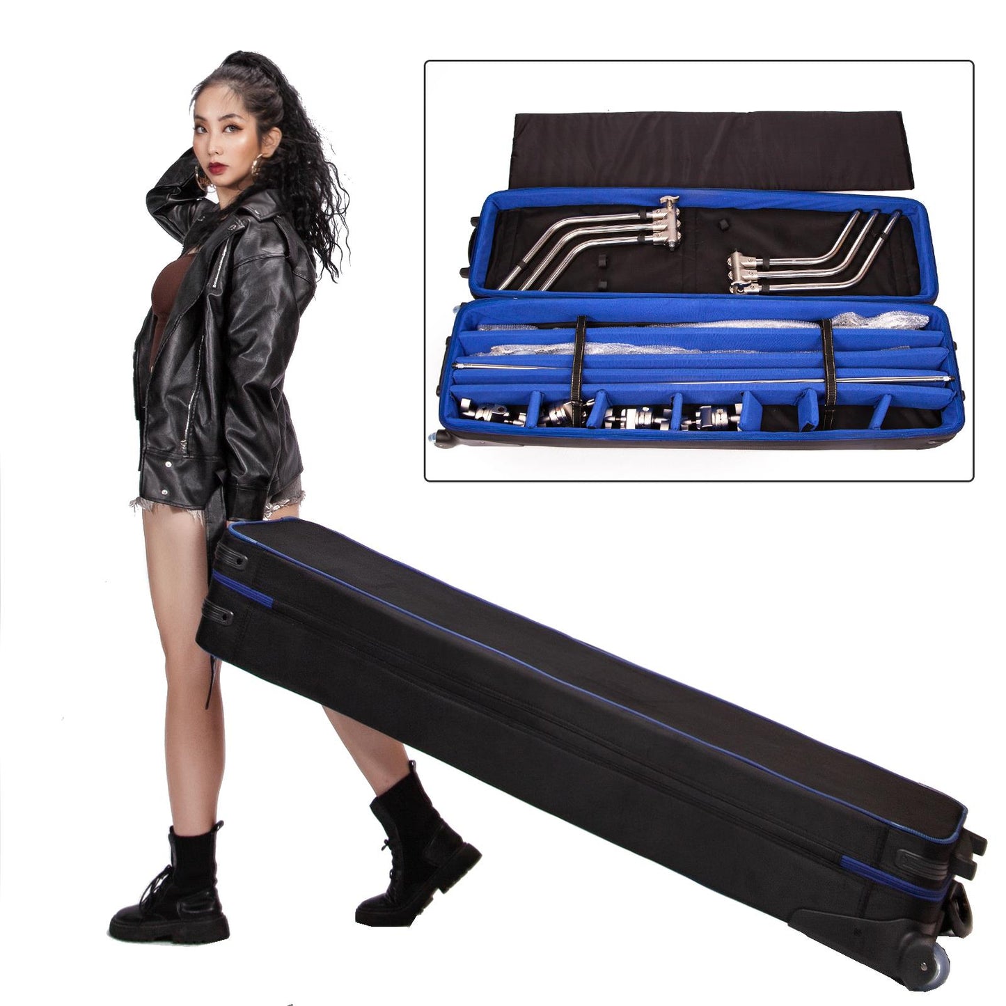 BOLLUMA Photography C Stand Carry Bag Case with Handle and Wheels, 54"x14"x8.2" Roller Flight Case Equipment Protective Trolley Case Bag for Century Stand Light Stand, Umbrella, Softbox, Flash