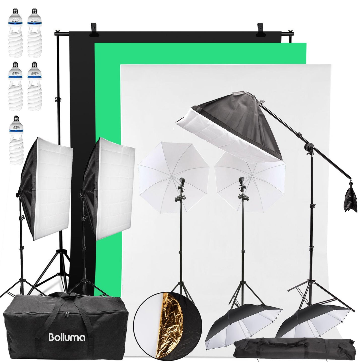 Continuous Lighting Softbox & Backdrop Support Kit 150W with Boom Arm & White / Silver Umbrellas