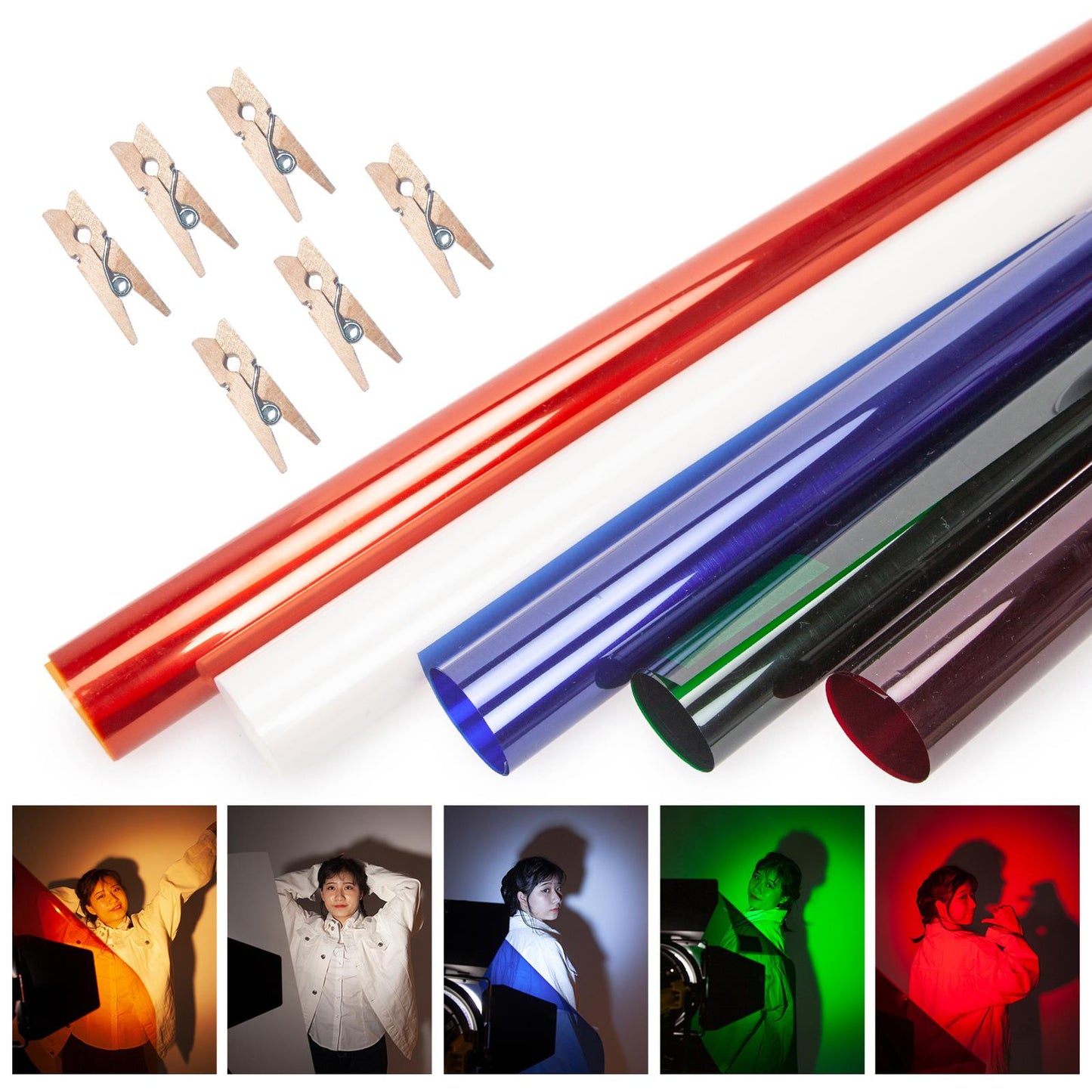 16x20 inches Lighting Gels with Clips, Photo Studio Light Gel Filters Sheet Transparent Color Correction Daylight Conversion for Red Head Light Strobe Spotlight Flash Photography CTO CTB, 5 Colors