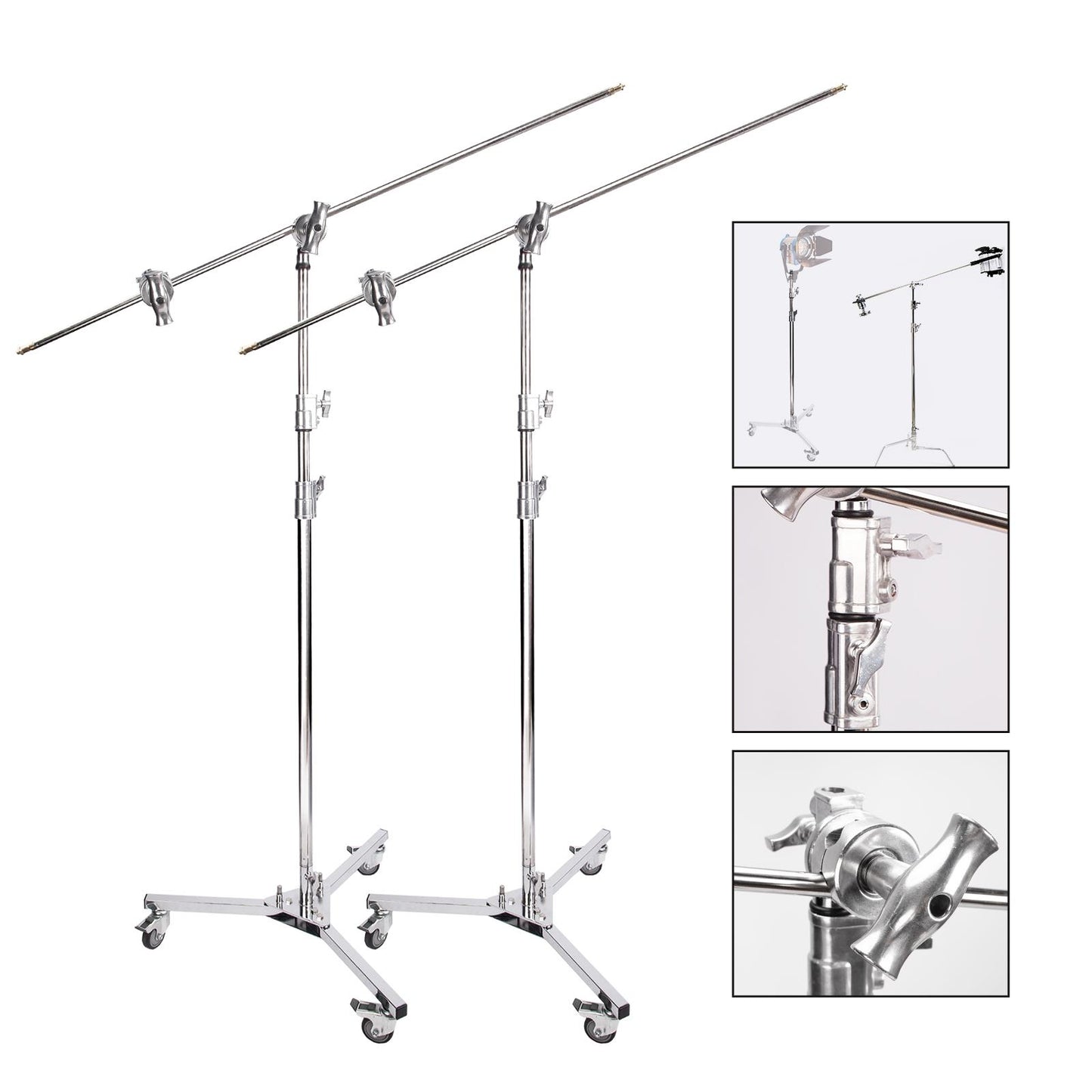 2 x Super Heavy Duty C Stand Kit, 307cm/ 120.8" Stainless Steel Light Stand Rod Solid 127cm/ 50" Boom Arm Grip Head Kit with Castor Wheels Rollers for Photography Studio Reflector and Other Equipment
