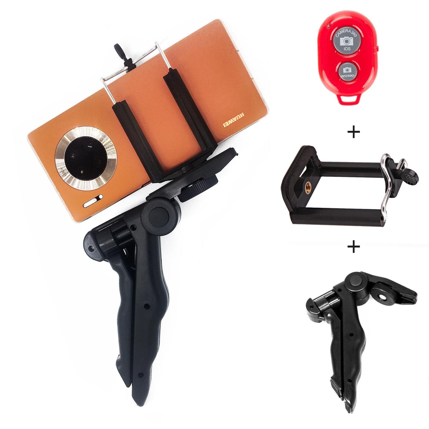4 in 1 Lightweight Mini Hand Held Stabilizer Pistol Grip vlog Tripod with Mobile Phone Clip Holder and Wireless Remote Shutter, Compatible with iPhone, Gopro Hero, Camera, ActionCam etc