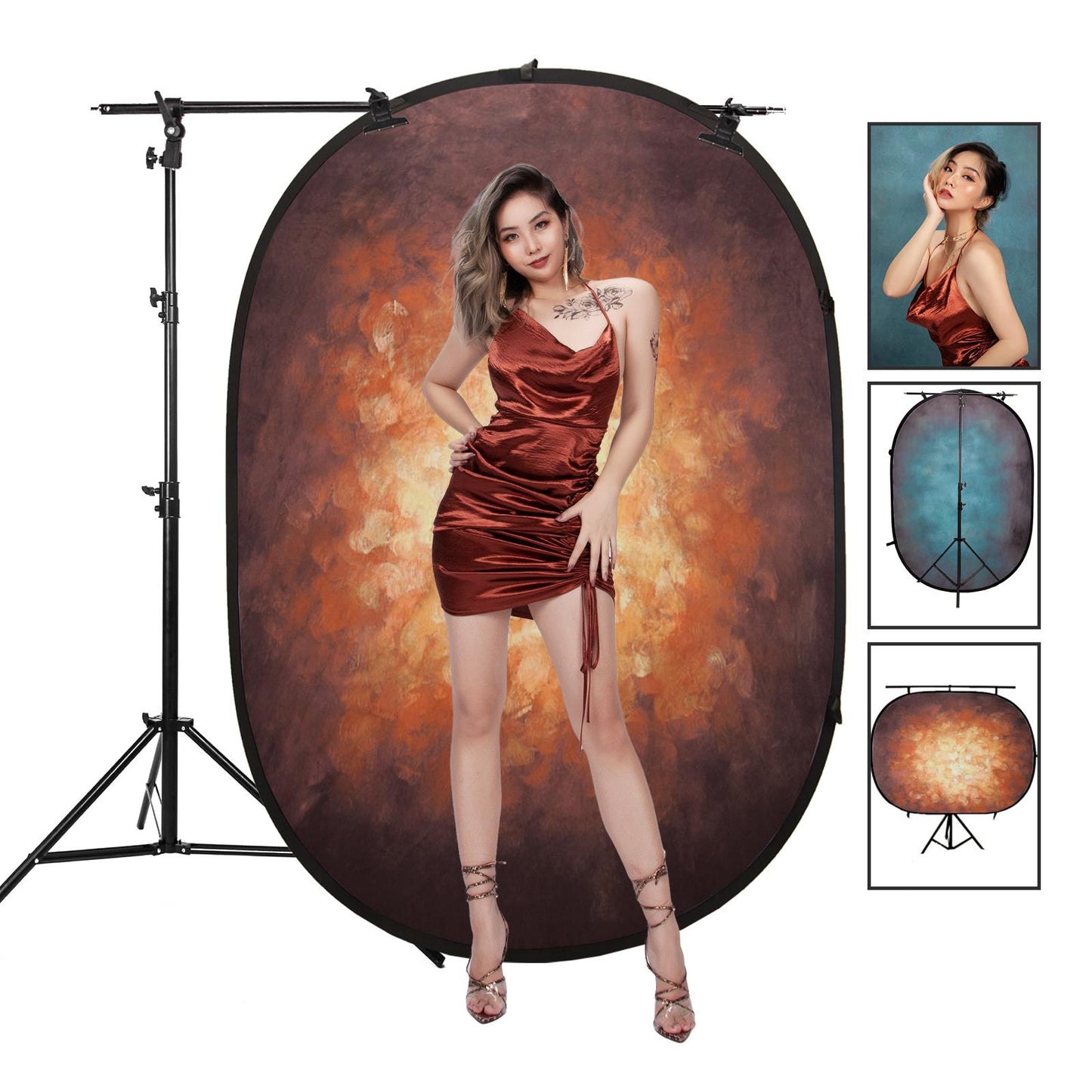 Pop-up Backdrop, 1.5m x 2m, Double Sided - Mottled Gold/Dark Cyan, with Heavy Duty Stand and Boom Arm