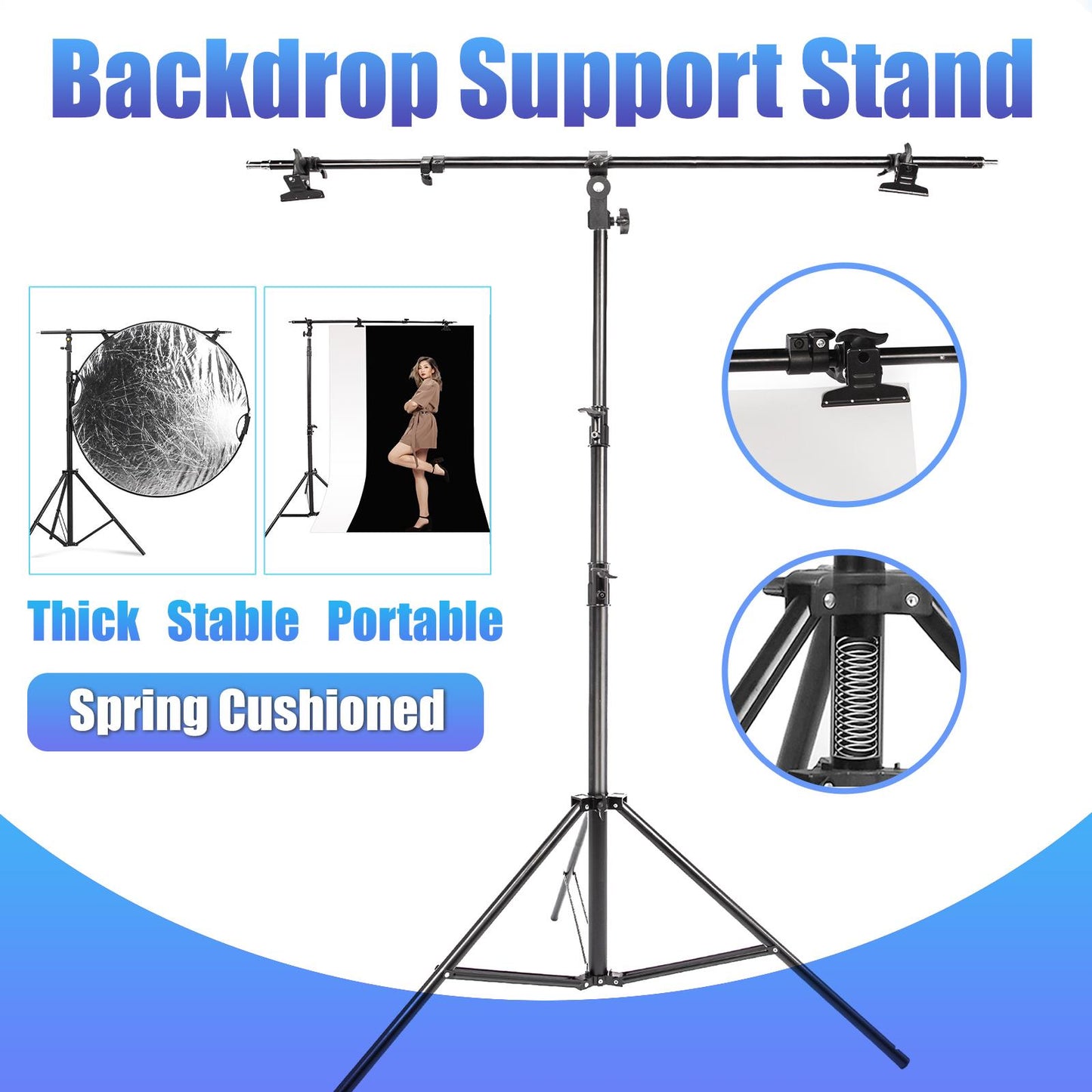 Photo Studio Backdrop Support Stand, 290CM 9.5ft heavy Duty Spring Cushioned Light Stand and 6ft Boom Arm Clamp for PVC Background Backdrop Reflector Paper Backdrop Video Photography Shooting