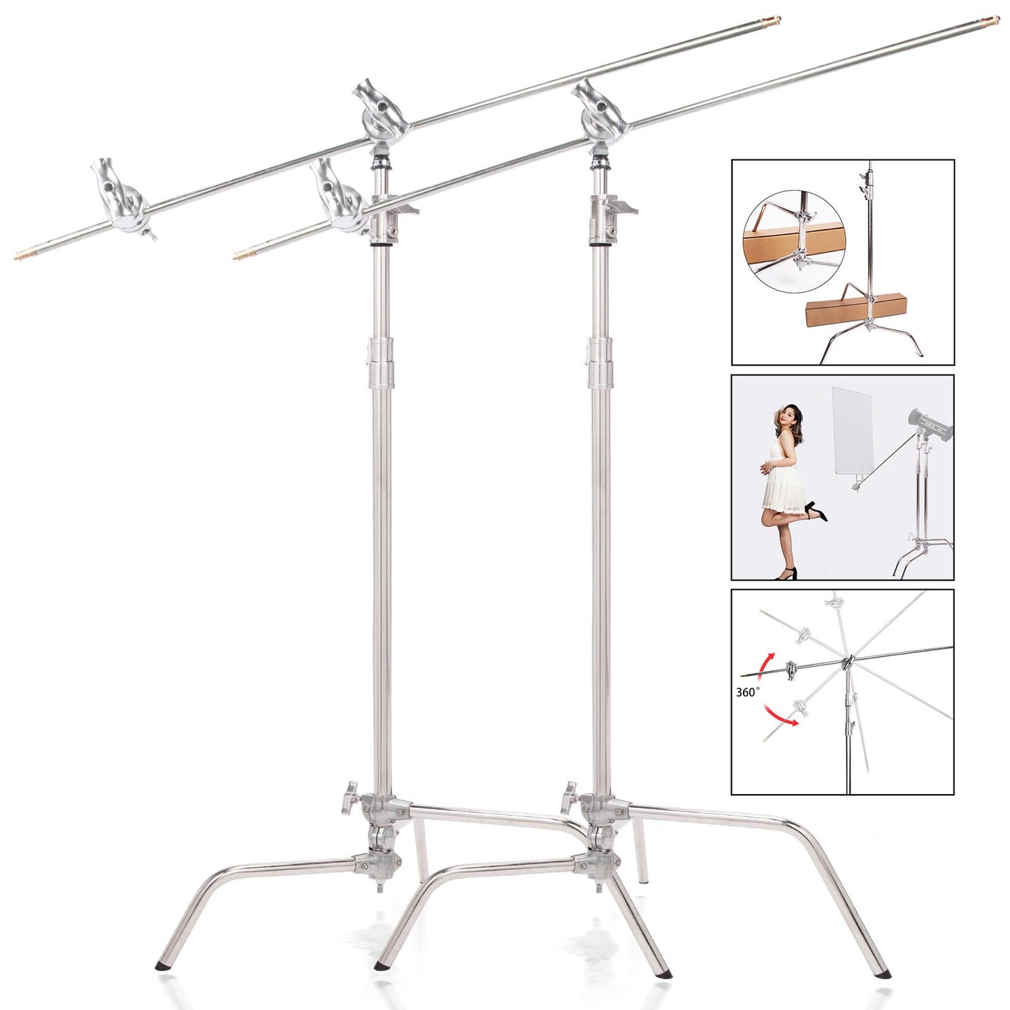 2 x Heavy Duty 10ft/300cm Solid C-Stand with 127cm Holding Arm Grip Head Double Riser C-Stand with Sliding Leg, Stainless Metal Light Stand for Photography Reflectors Softboxes Monolights Umbrellas