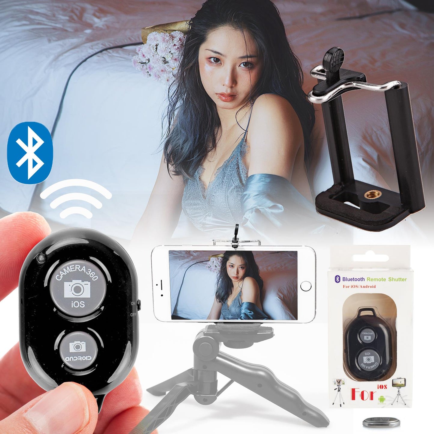 BLACK Wireless Remote Shutter with Cell Phone Tripod Mount Adapter, Remote Shutter Control Camera Activation used with Monopod Selfie Stick Compatible with iPhone, Samsung, IOS, Android Phone