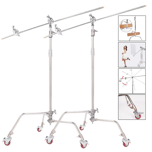 2x Heavy Duty C Stand Max Height 10ft /300cm with Sliding Leg, Adjustable Photography Stand Wheeled with 4.2ft/127cm Holding Arm and Grip Head for Photography Reflector, Softbox, Monolight