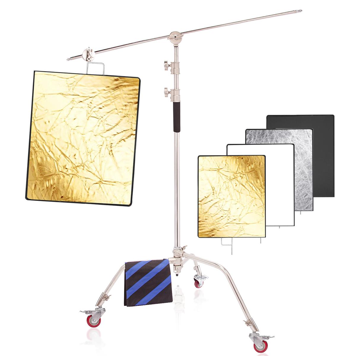 Photo Studio C Stand Kit with Reflector, 300cm Spring Cushioned Lighting Stand with 60x75cm 4-in-1 Photography Light Reflector and Caster Wheels, for Fashion Portrait Still Life Shot YouTube Film