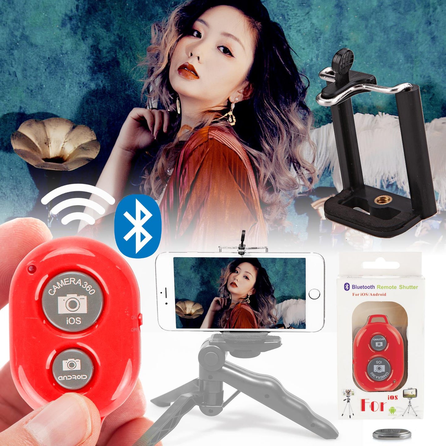 RED Wireless Remote Shutter with Cell Phone Tripod Mount Adapter, Remote Shutter Control Camera Activation used with Monopod Selfie Stick Compatible with iPhone, Samsung, IOS, Android Phone