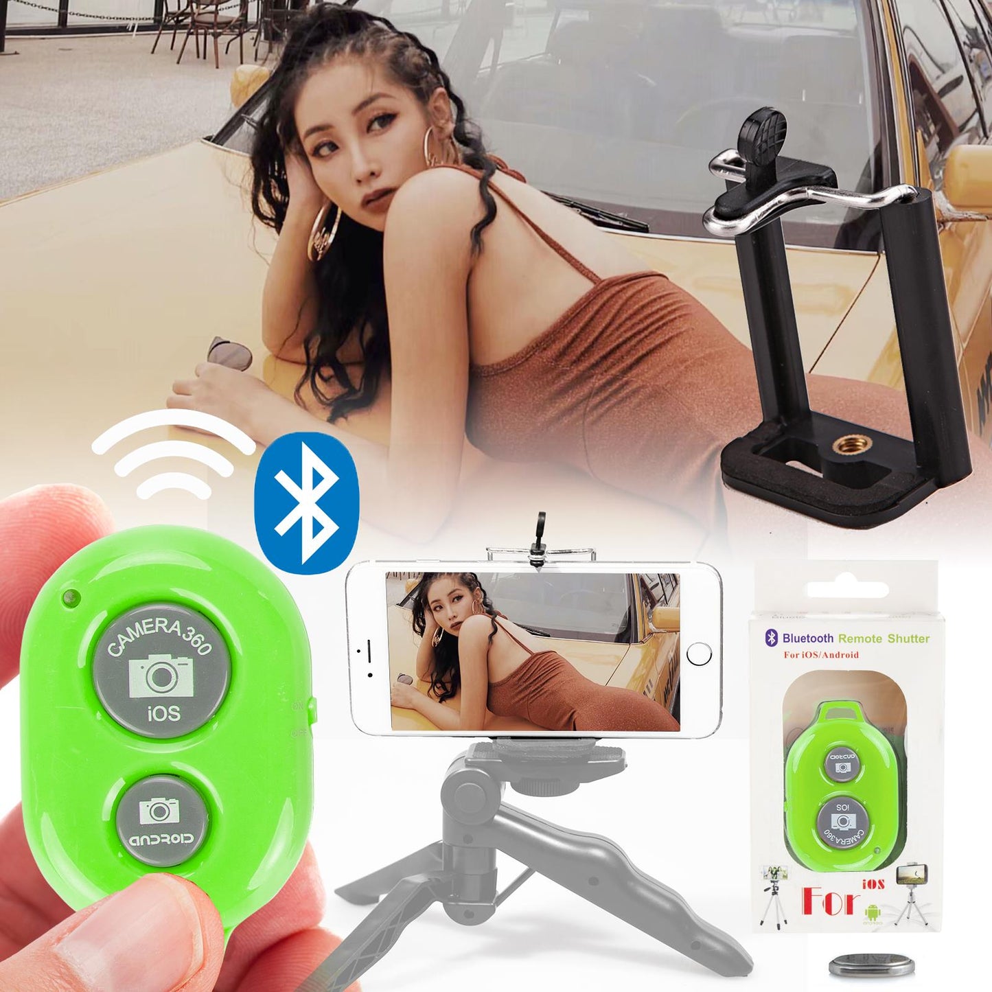 GREEN Wireless Remote Shutter with Cell Phone Tripod Mount Adapter, Remote Shutter Control Camera Activation used with Monopod Selfie Stick Compatible with iPhone, Samsung, IOS, Android Phone