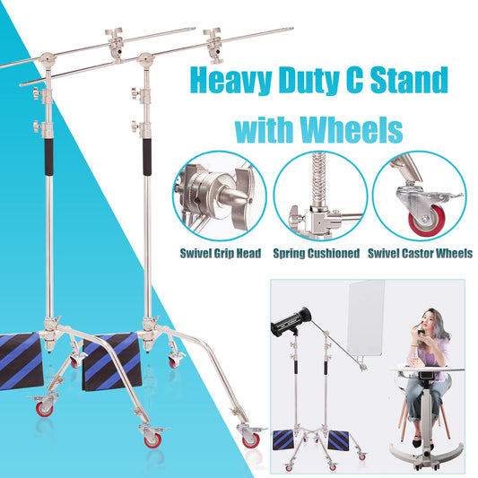2x Pro Heavy Duty C-Stand Stainless Steel Light Stand with Wheels, 10ft/300cm Spring Cushion Adjustable Century Boom Arm Wheeled for Photography Studio Reflector and Other Equipment