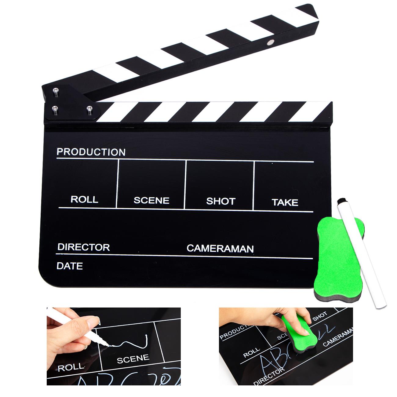 Acrylic Plastic Clapper Board for Film, 30x24CM Director's Film Clapboard Movie Cut Action Scene Slate for Movie, Video, TV Show, Studio Live, Black