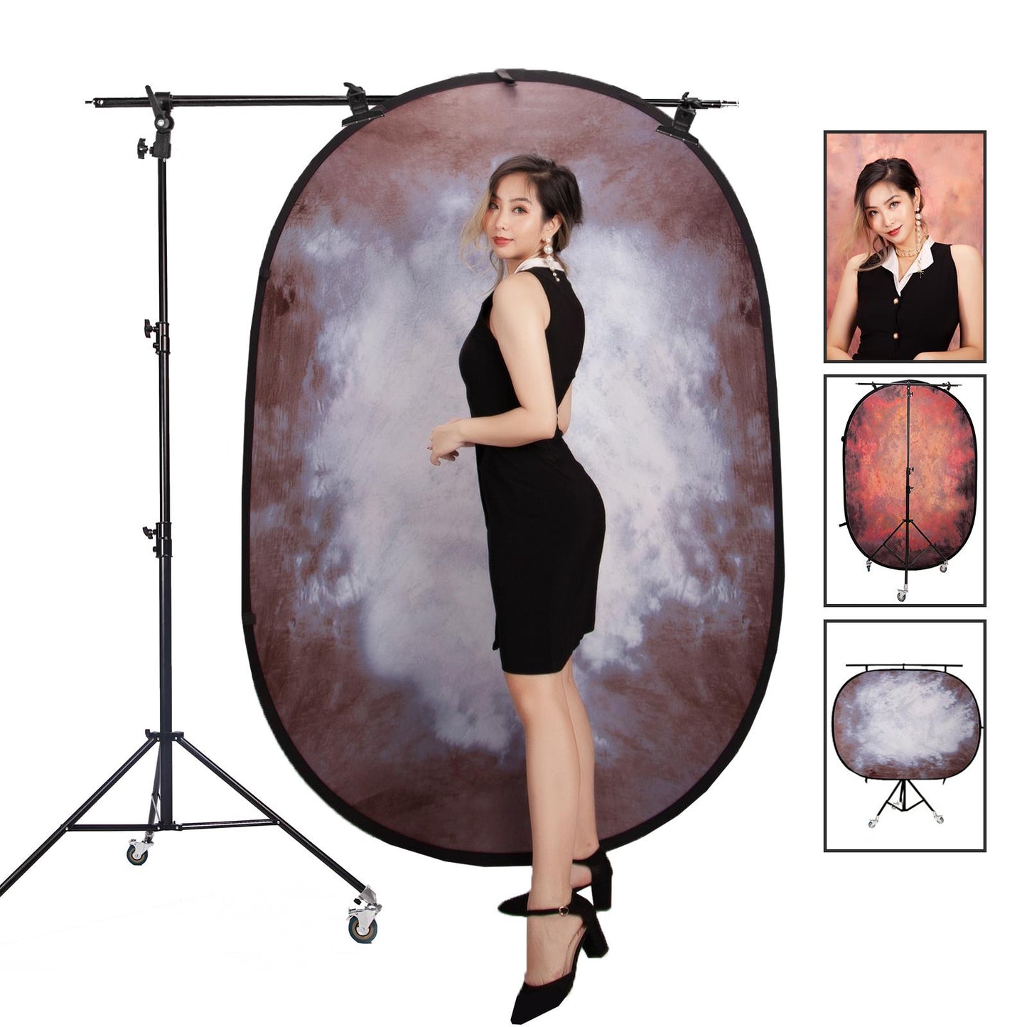 Pop-up Backdrop, 1.5m x 2m, Double Sided - Mottled Bonfire Orange/Pale Grey, with Heavy Duty Stand, Boom Arm and Wheels