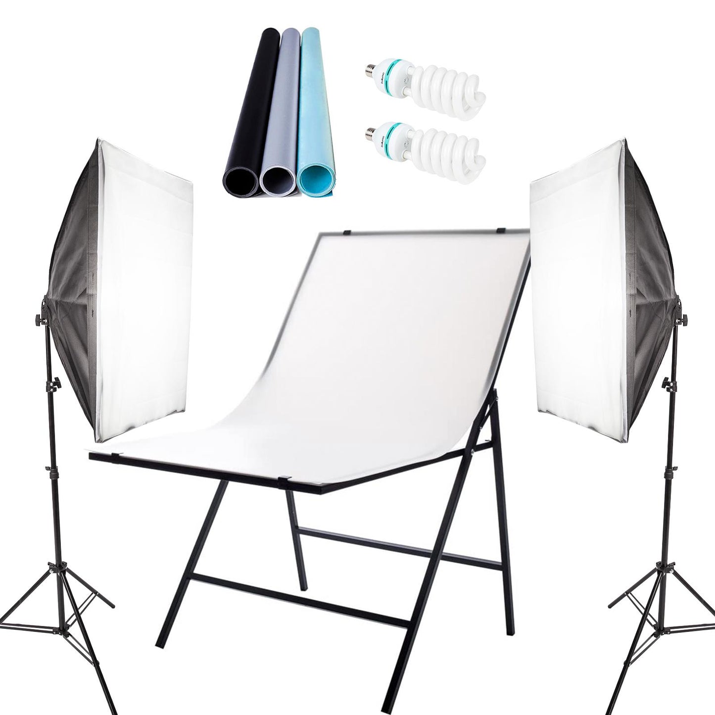 Easy Setup 60x100cm Folding Product Table, Chair Type, with 4 Coloured Backdrops, 2 Light Stands, 2 E27 Light Holder Softboxes, with 135W Spiral Fluorescent Daylight Bulbs