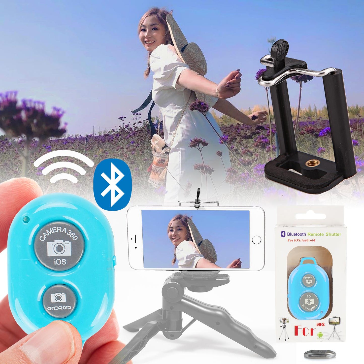 BLUE Wireless Remote Shutter with Cell Phone Tripod Mount Adapter, Remote Shutter Control Camera Activation used with Monopod Selfie Stick Compatible with iPhone, Samsung, IOS, Android Phone
