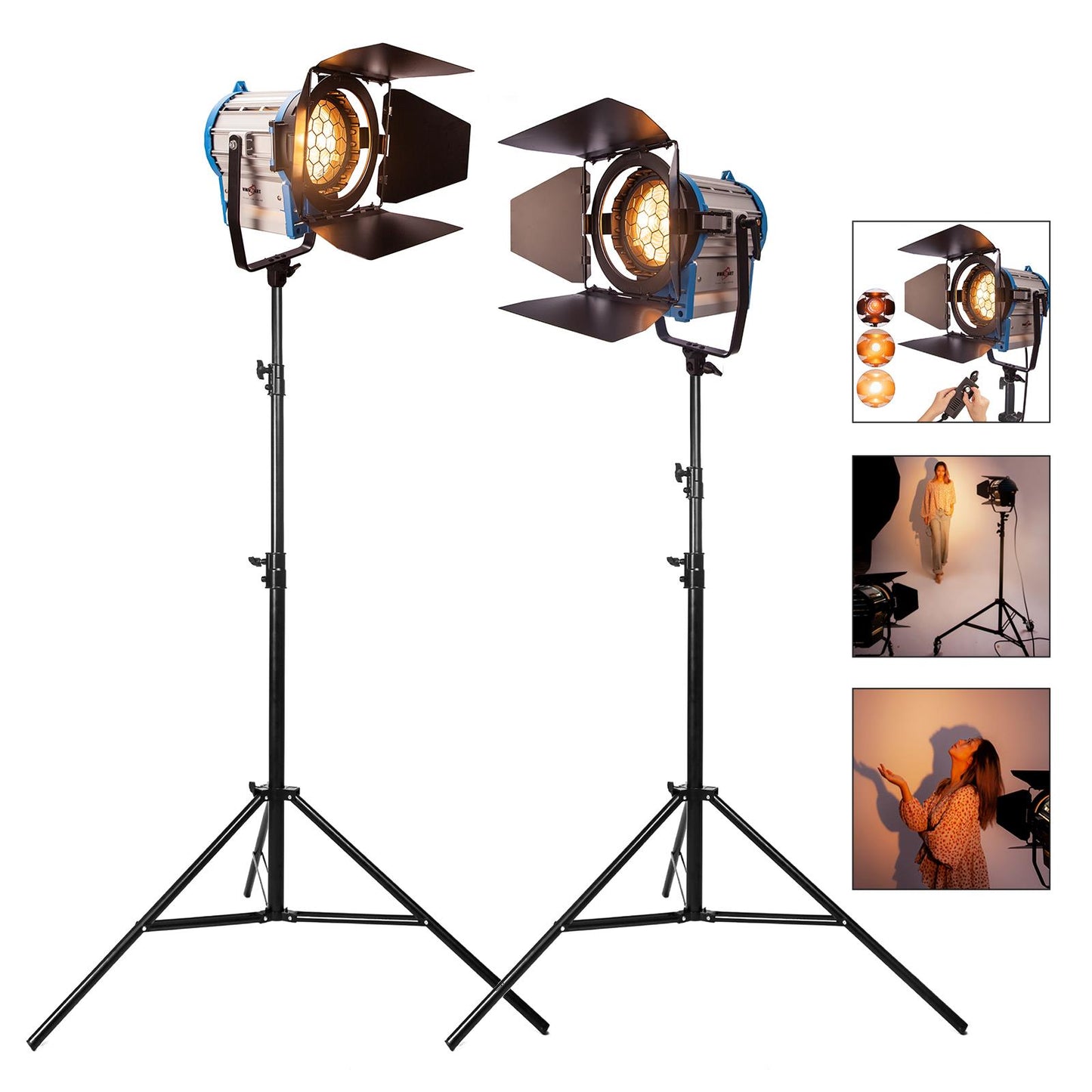2x 1000W Fresnel Spotlights, Including Bulbs and 2 x 3m Spring Cushioned Stands