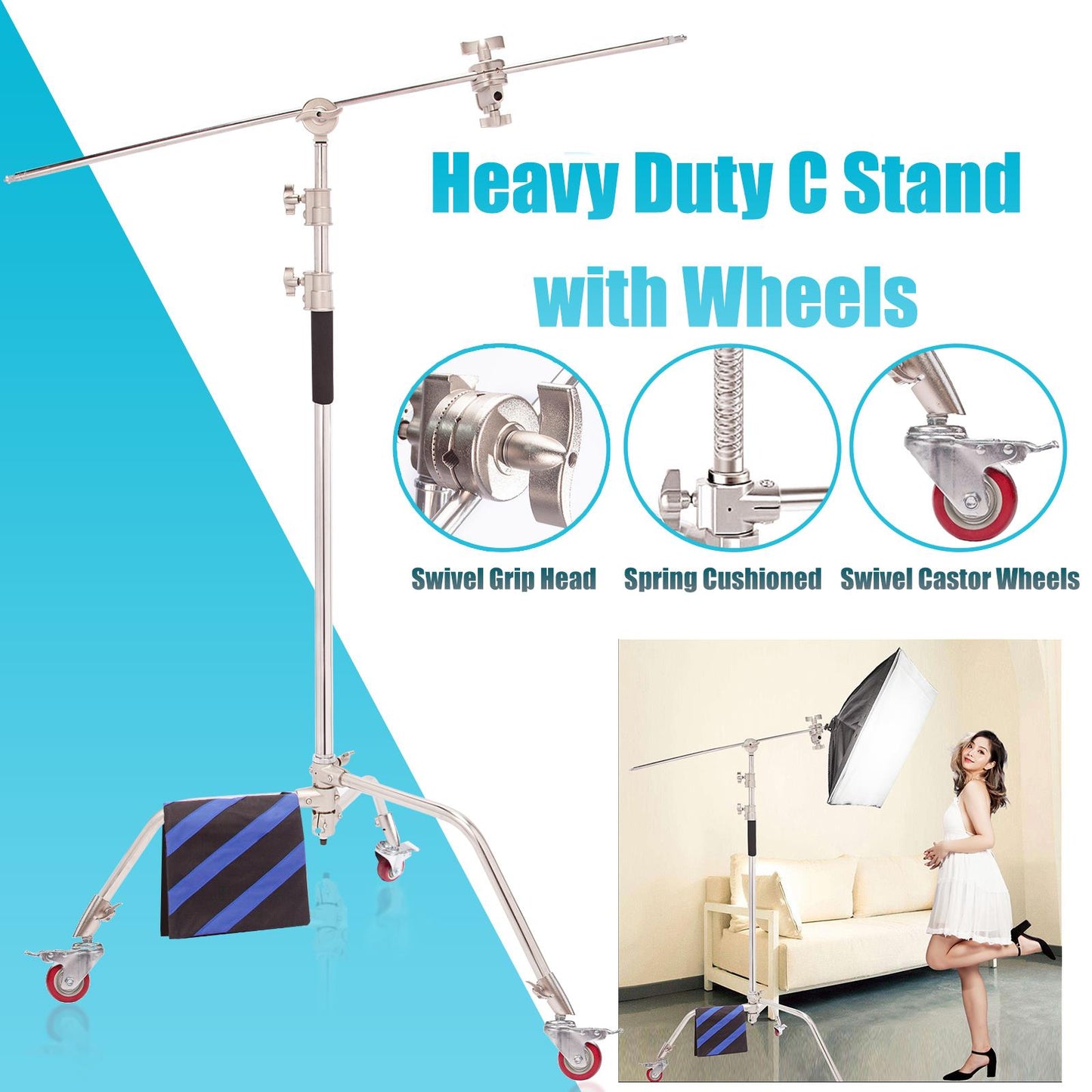 Pro Heavy Duty C-Stand Stainless Steel Light Stand with Wheels, 10ft/300cm Spring Cushion Adjustable Century Boom Arm Wheeled for Photography Studio Reflector and Other Equipment