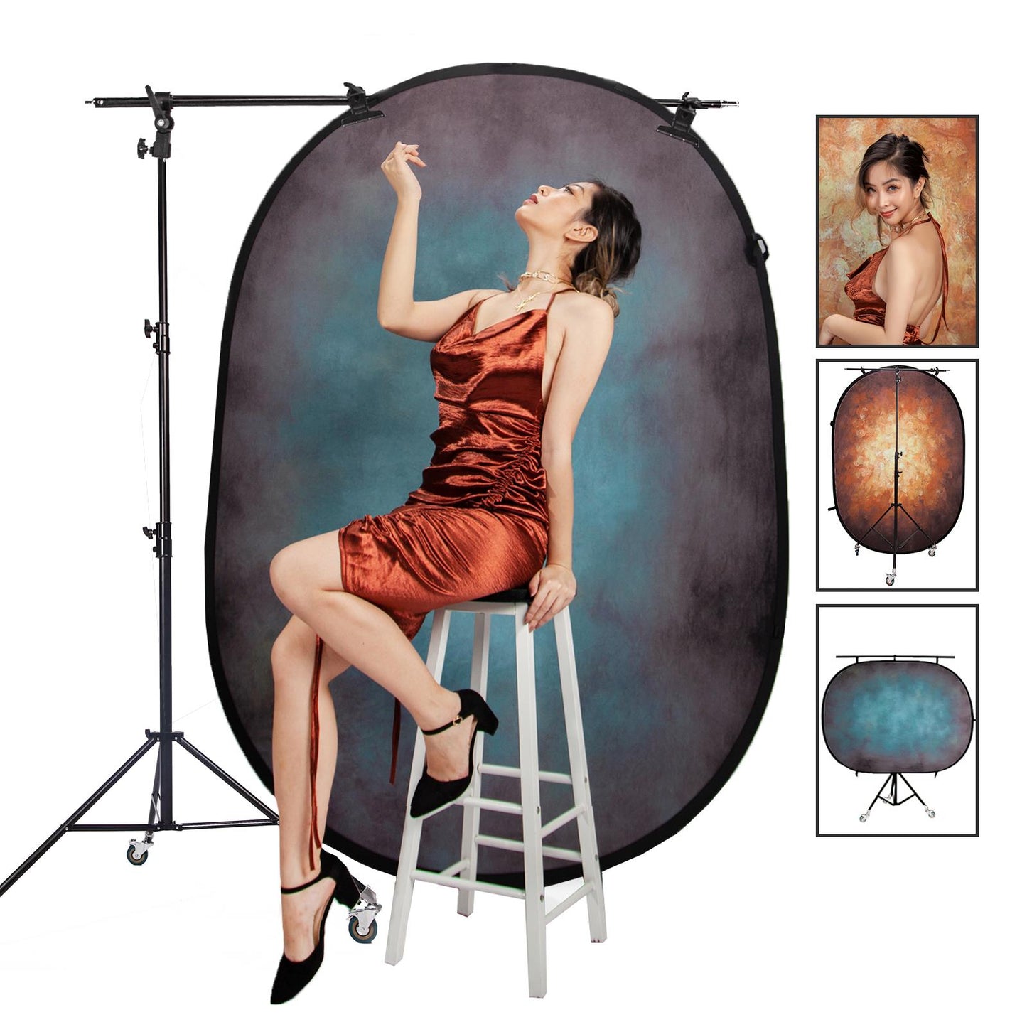 Pop-up Backdrop, 1.5m x 2m, Double Sided - Mottled Gold/Dark Cyan, with Heavy Duty Stand, Boom Arm and Wheels