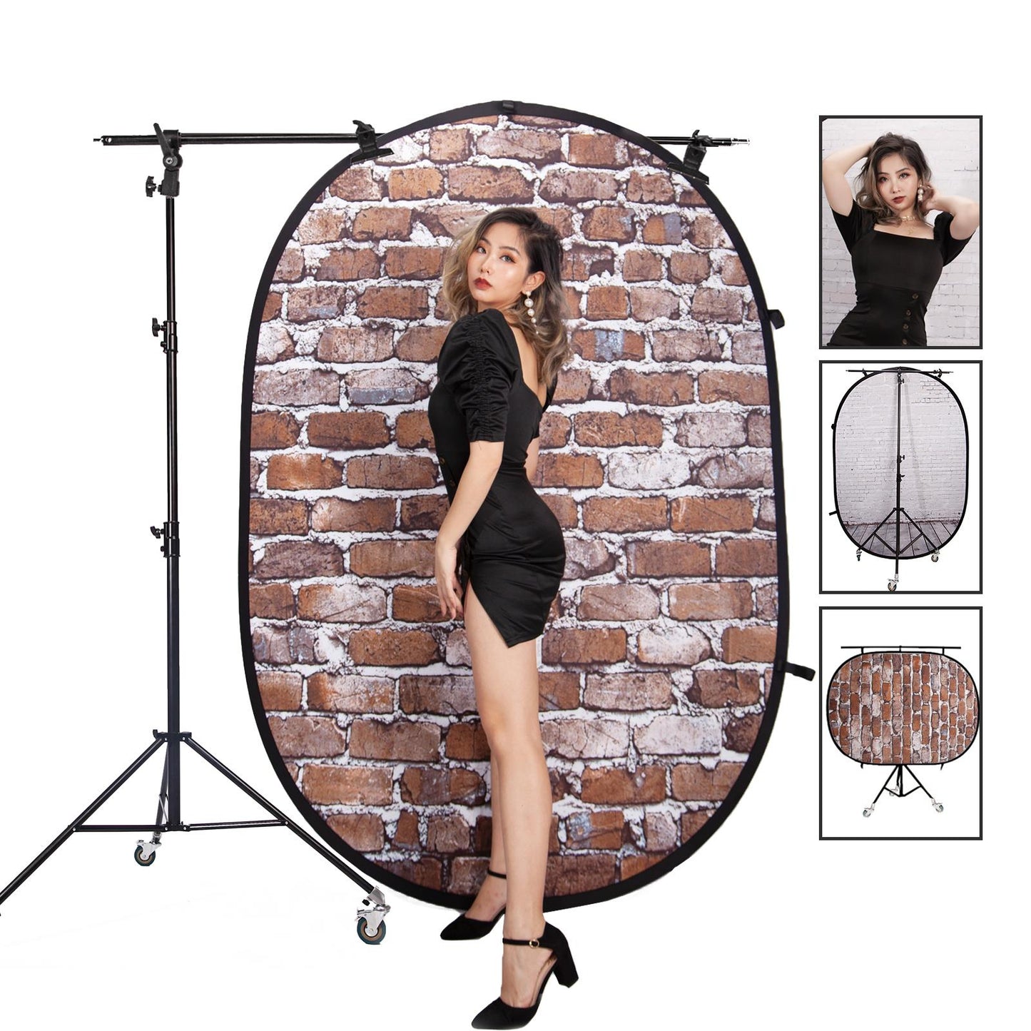 Pop-up Backdrop, 1.5m x 2m, Double Sided - Classic Brick/Whitewashed Brick, with Heavy Duty Stand, Boom Arm and Wheels