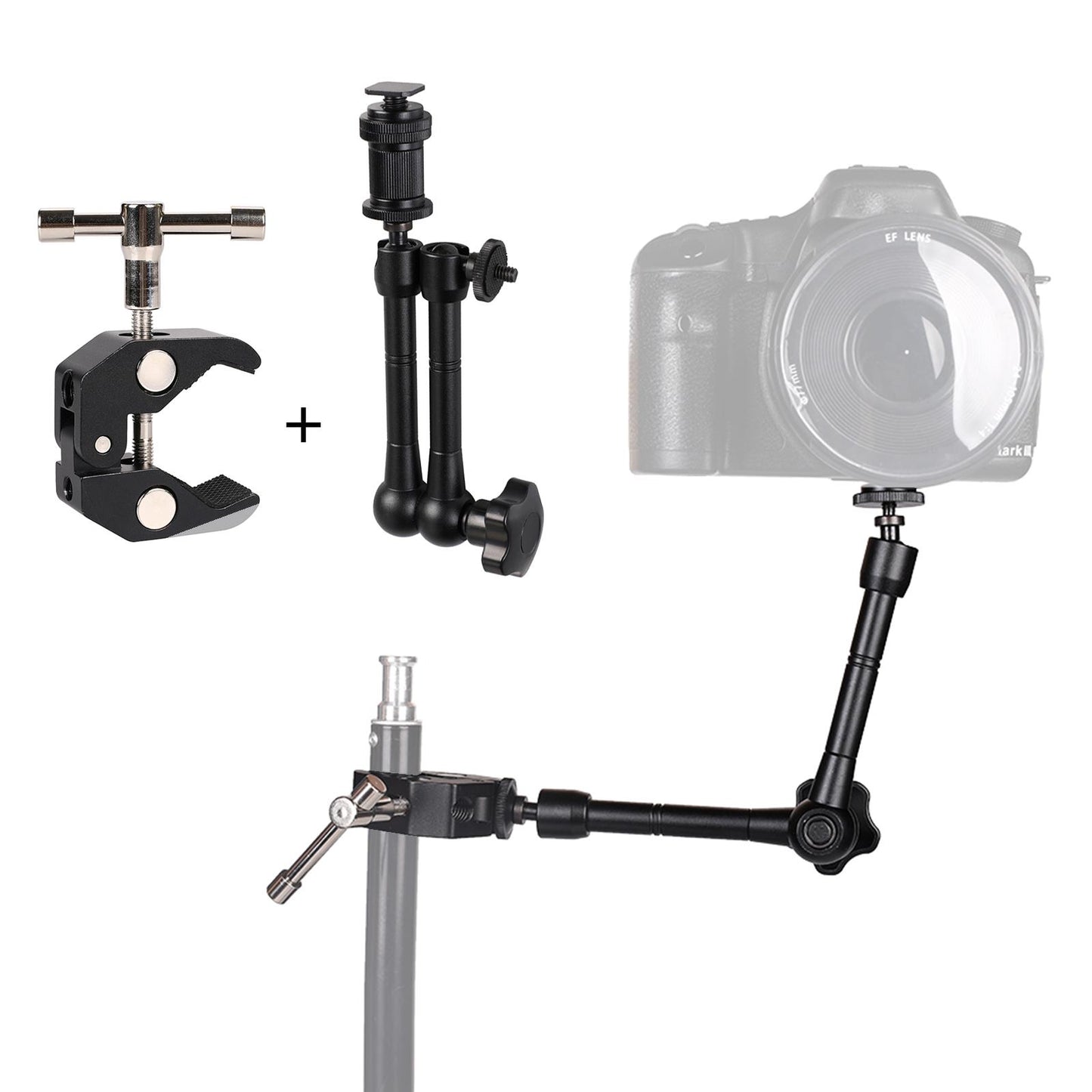 Articulating Friction Arm 11" with Large Super Crab Clamp and Hot Shoe Mount 1/4" Magic DSLR Tripod Arms Kit for Photography, Video, Camera Rig, LED Light, Flash Light, LCD Monitor