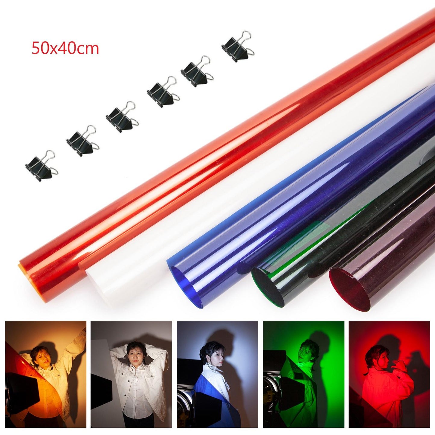 Studio Lighting Gel Filter Gel with 6 x Clips, 5 x Transparent Color Correction Daylight Filter Conversion for 800W Red Head Light Strobe Spotlight Flash Photography Photo Studio, 50x40cm