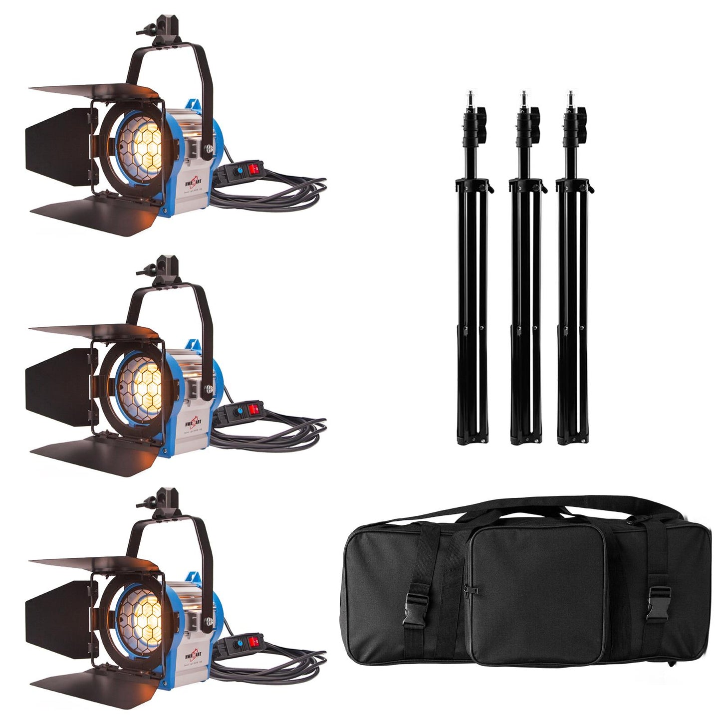 300W Fresnel Tungsten Spotlight x3 & Stands, Equipment Bag